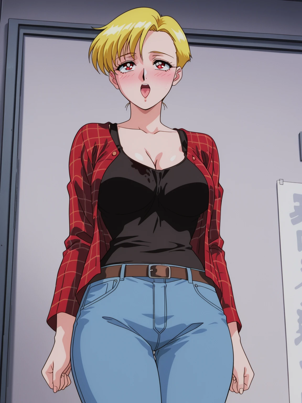 <lora:hanaprisonschool_pony_v1:.8> hanaprisonschool, 1girl, solo, blonde hair, brown eyes,blunt bangs, makeup, lipstick, lips, short hair, cowboy shot, sweater, jeans