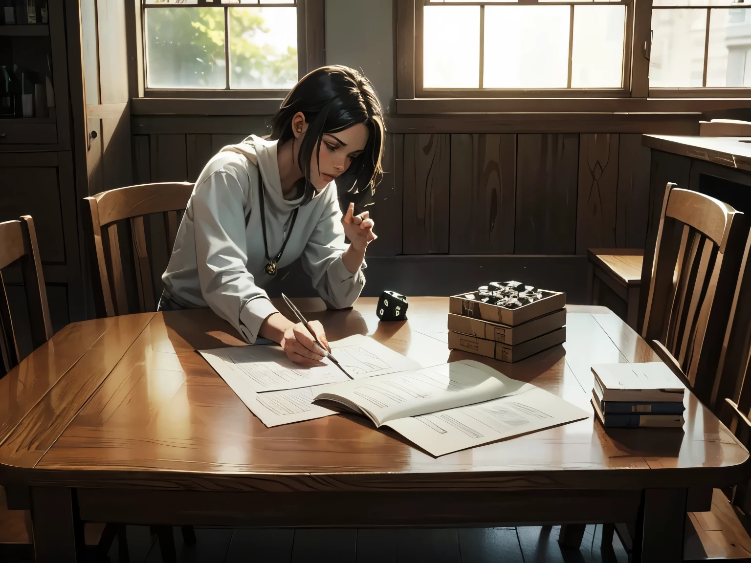 "An image of an attractive female player throwing role-playing dice on a table. Natural light enters through the window, illuminating the environment . The scene focuses on your hand (with a maximum of 5 fingers) holding or releasing the dice, which must be exclusively D20 and D12, all the same size (approximately 2 cm each). The colors of the dice are varied, and the numbers must be clearly visible, without extra symbols. The D20 displays numbers from 1 to 20 and the D12 from 1 to 12, No exceptions. on the table, there are papers , a map with a "X" red and elements that indicate an RPG session. Two other people are present in the scene, but only partially visible, contributing to the atmosphere without stealing the focus."