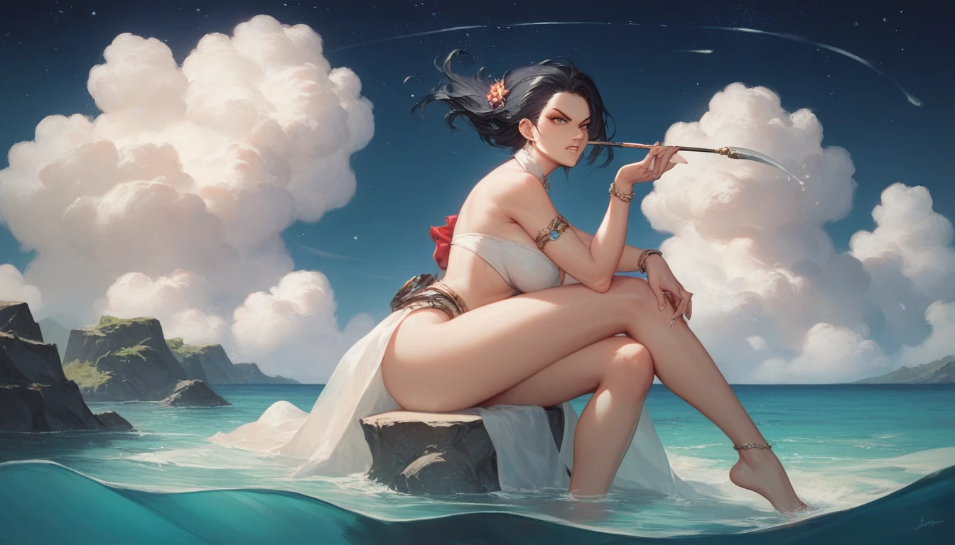 a very beautiful girl, front pose, cute fangs, shy, detailed hairstyle, lace details, garterbelt, walking, playing, rainbow bikini, beach background, dark makeup, tattoo, thin waist, random color clothes, hair with flowers details and back buns, (((short blue hair))), discret smile, (full body), detailed eyes, intricate details, octane render, 8k, hyperrealism, trending on artstation, ((digital painting)), WLOP, Stanley Artgerm Lau, Greg Rutkowski, Ross draws, Mark Brooks, Brian Froud, 8k resolution, hyper detailed, 8k portrait, intricate, elegant, highly detailed, majestic, digital photography, art by artgerm and ruan jia and greg rutkowski surreal painting gold butterfly filigree, masterpiece, sidelighting, finely detailed beautiful eyes, hdr