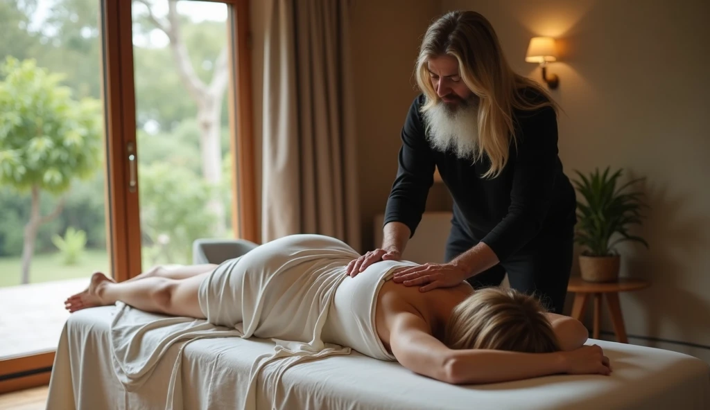 1 woman with slightly wavy hair, blonde, blue-eyed, (well-defined face) full body inside a massage room, (photo taken by a second person), containing furniture, massaging a man lying naked on a mattress on the floor, very discreet ambient light