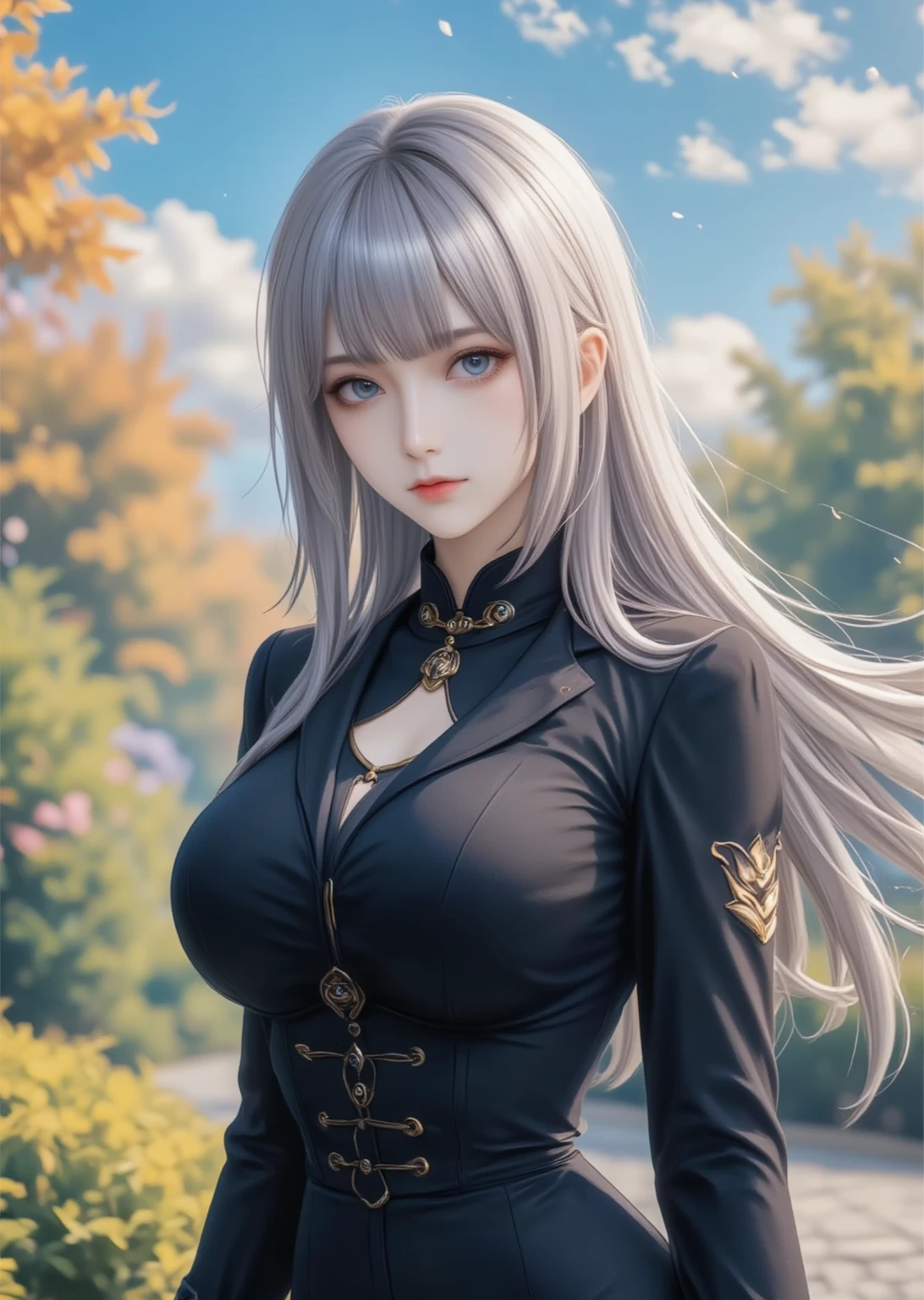 attractive woman 27 years old with white tiger ears white hair with tiger stripes, pale skin. sonrisa disfraz guerrera china escotado color verde con detalles. parada en medio de un castillo chino pechos grandes. pechos grandes. disfraz guerrera china escotado color verde .