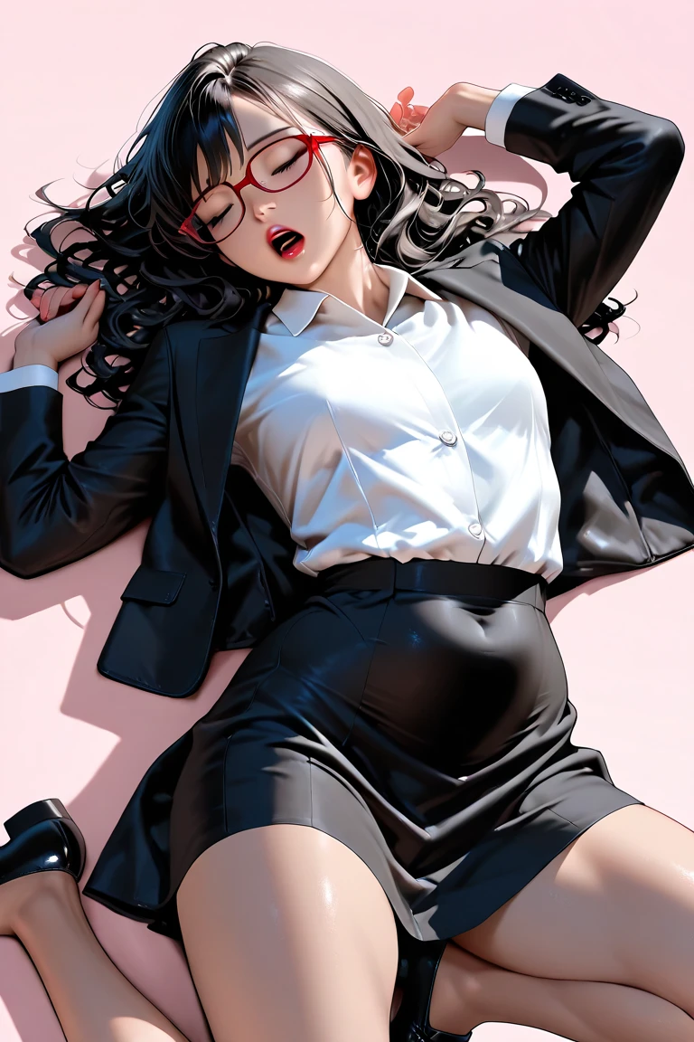 （（super high quality,Ultra-high resolution,4K,8k,super masterpiece,Ultra HD ,Detailed shading））,Dimly lit bedroom,Full body photo,sexy mother,Lying in bed,A white shirt with the collar turned up,Tight collar,Long sleeve,Black Pencil Skirt,Black Hair,Big penis inserted,Sex,Glasses,Spread your legs,Put your hands on your head,Oho face,blush,Sweaty,semen,A small amount of drooling,Pearl Earrings,Pearl Necklace,Engagement Rings,
