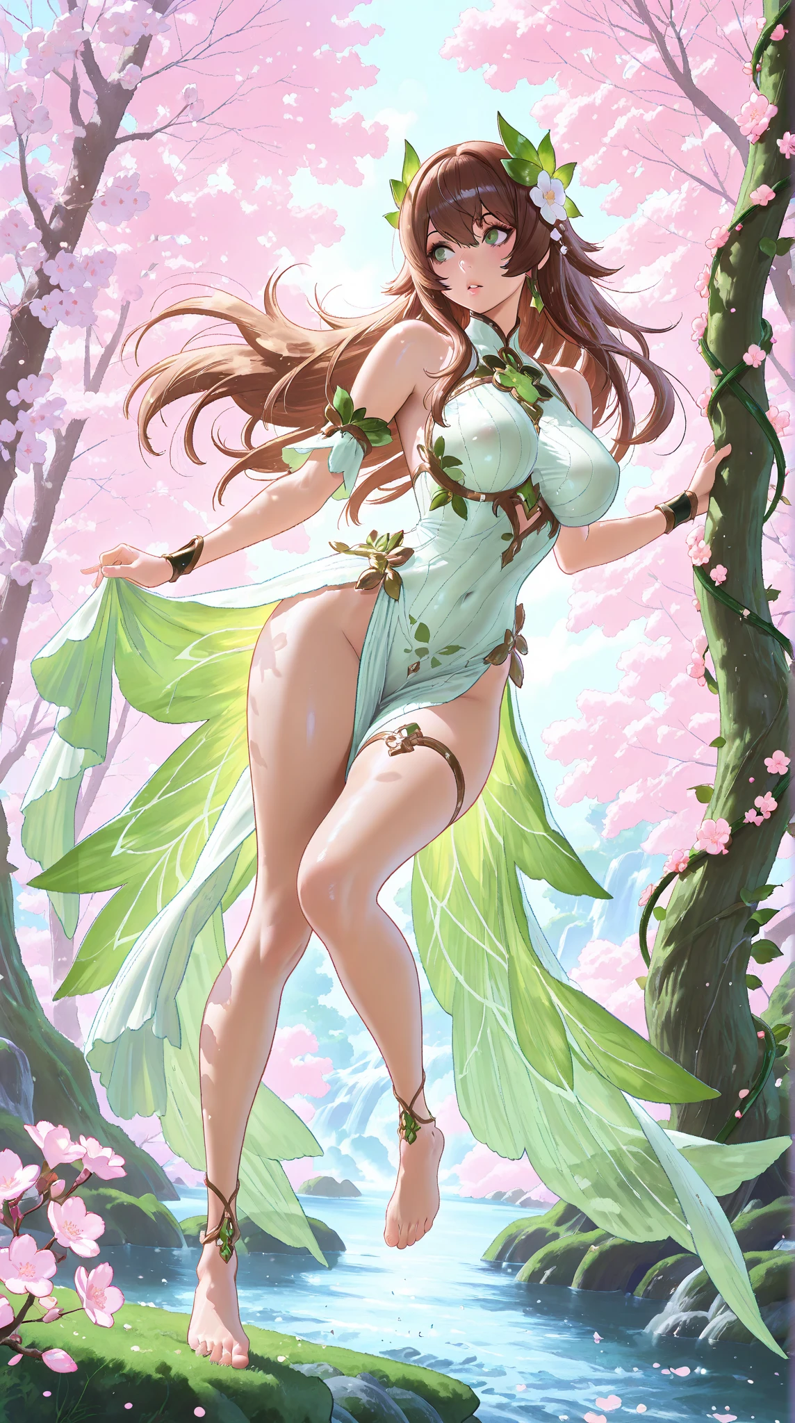 (masterpiece, highest quality, ultra high res, ultra detailed:1.3), 1 cute fairy girl, ideal ratio body proportions, green long hair, a pair of insect wings, cameltoe, clothes covered nipples,