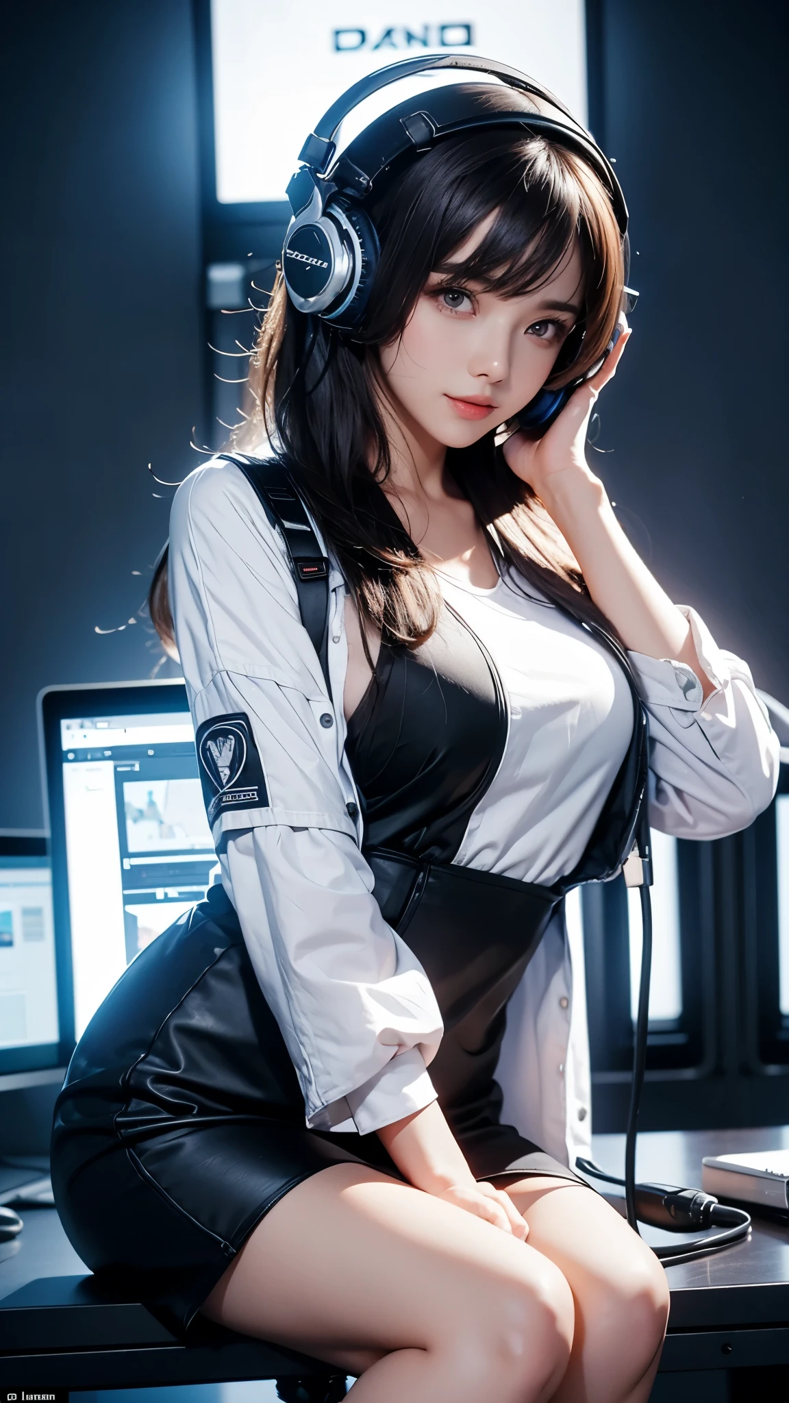Change the color of the clothes to dark gray and place just the woman in a gamer room with a computer behind RGB