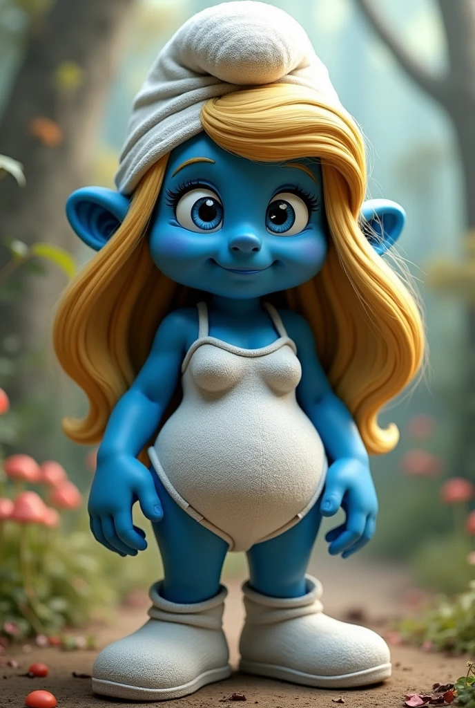 an adult blue Smurfette taking a shower holding a happy SpongeBob SquarePants toy. the Smurfette have a tatoo of a heart on her chest. and a scar in her legs. her body and blond hair is all wett.