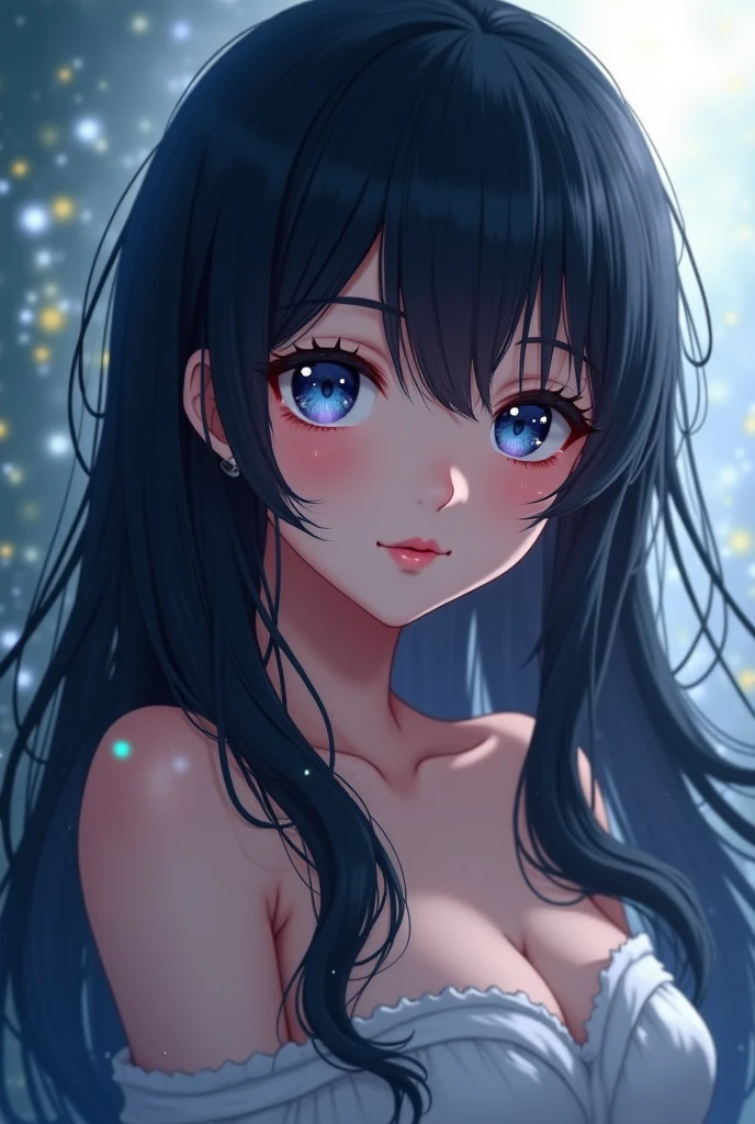 (masterpiece), best quality, expressive eyes, perfect face, Girl,long dark iridescent hair, iridescent eyes, small waist, medium chest, large thighs,large hips, back view, nude