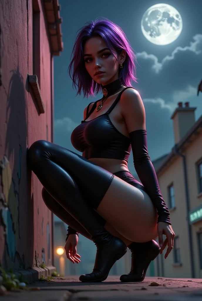 1 girl, anime style, dark skin, black woman, beautiful, 18 years, make-up, passionate look, naughty smile, waifu, close up picture, colorful punk style, leather jacket, cleavage, fishnet stockings, long punk boots, posing in a alley, colorful graffiti on the walls, new york city, soft lighting, nighttime, ray tracing, award winning, photorealistic, 8k