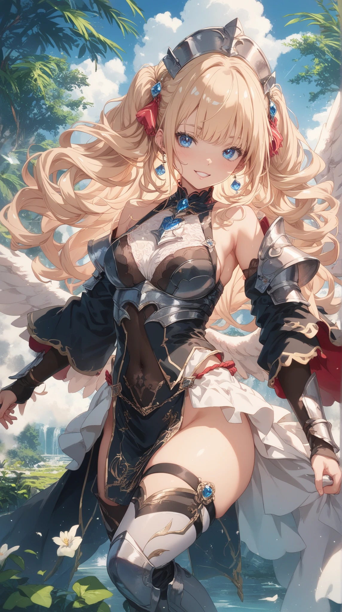 Medieval fantasy worldview、Top view、Highest quality、masterpiece、Highest Resolution、movie、photograph、A vividly colored anime picture、Angels:1.3、wing:1.3、Sexy woman、Blonde、Straight Hair、Long Hair、Metal Bikini Armor、belt、Chest:1.3、A generous smile、Large breasts、Flying in the dazzling sky、noon、blue sky