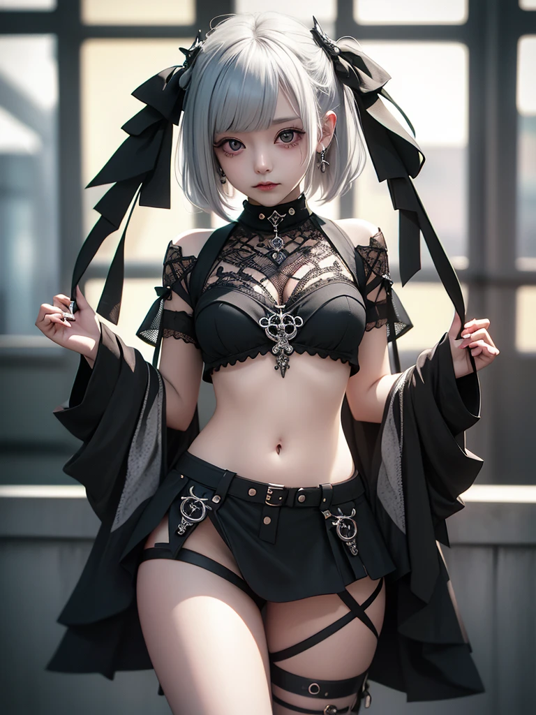 gothic 16 year old anime girl with platinum blonde almost white hair in all black clothes wearing fishnets and legging thigh highs over them with a flower pattern. she has thick thighs, kind of, and she has a long black veil behind her along with a thin jacket with poofy things all the way down her arms but the front is open to a black bathing suit top. she has black gloves and black and gray striped leg warmers a scar on her eye and some on her arm from cutting herself she looks depressed