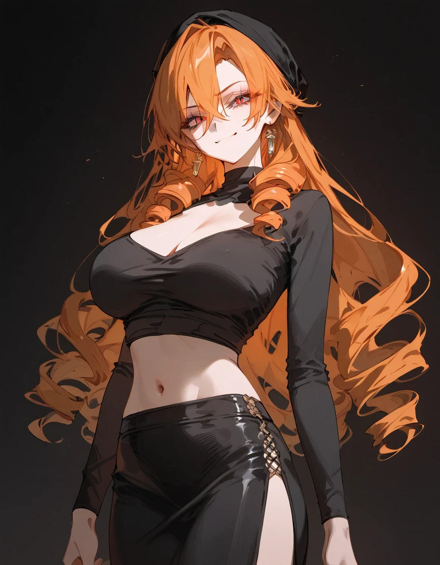 Female, Big horns, Fiery long hair, Orange eyes, Leather jacket with cut out crop top