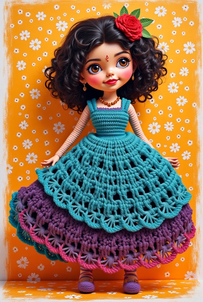 doll, long curly hair below the waist, in lilac dress
