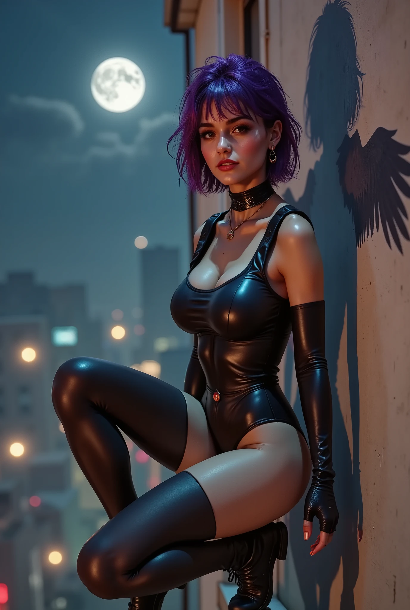 (Masterpiece:1.4), (best quality, high resolution:1.4), (sitting on the road:1.4), (full body:1.5), futuristic city, dark city, neon lights, cybernetic, solo, 1girl, kusanagi motoko, expressionless, closed mouth, purple hair, jacket, (white leotard, white thighhighs:0.8), gloves, cleavage looking at viewer, beautifull smile, beautiful face, highly detailed face, highly detailed eyes, highly detailed skin, skin pores, subsurface scattering, realistic pupils, full face blush, full lips, detailed background, depth of field, volumetric lighting, sharp focus, absurdres, realistic proportions, good anatomy, (realistic, hyperrealistic:1.4), 16k hdr,