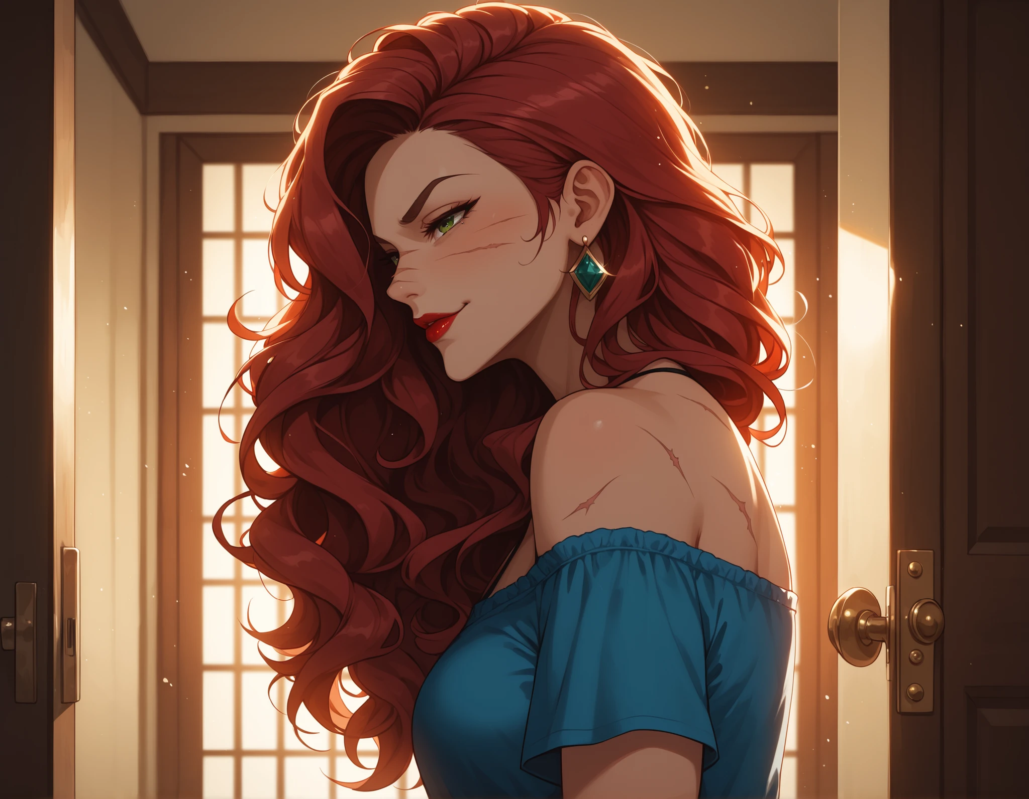 Watercolor, score_9, score_8_up, score_7_up, (Volumetric_lighting: 1.7), (masterpiece), (lora: detailed anime girlsXL), (lora: NoobAI-XL Detailer), (lora: smooth lighting enhancer), (lora: Detailed Background), (lora: NKxXmo's Shaded Face), (lora: SDXL high detailed. LoRA_SDXL_ARW_0010: 0.75), (lora: Waifu Eyes), from_side, 1woman, solo, solo_focus, detailed_face, red_lips, (red_hair:1.3), very_long_hair, wavy_hair, green_eyes, smirking, scars, serious_pose, in_Door, appartment_backgroun, deep_cut_black_top, short_denim_shorts, bare_shoulders, toned_legs, black_nail_polish, red_lipstick, earrings, silver_rings, warm_lighting, sad_expression, cinematic_lighting, 8k, high_quality, blurry_background, interior_moody, quiet_moment, introspective, feeling_of_loss, (Diminishing scale perspective:1.3), ((forced_perspective))