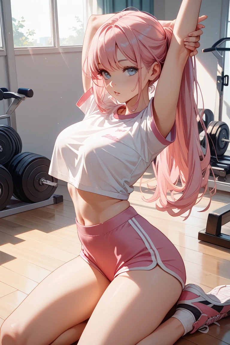 masterpiece, best quality, high resolution, ultra-detailed,,perfect face,slender perfect body, Tight belly,Toned buttocks,Constricted waist,(((2 girl to game))), 15yo,(pink:-1.5) (blue:-1.5) hair, (braided short hair), shy daughter, short stature, small tits,(flom indoor badminton court), (((badminton player))), small tits, short pants spats show off, short pants,focus, looking at viewer, (wet:1.4) hair and skin, volleyball,((covered erectile nipples clothes)),((very wide shot ))