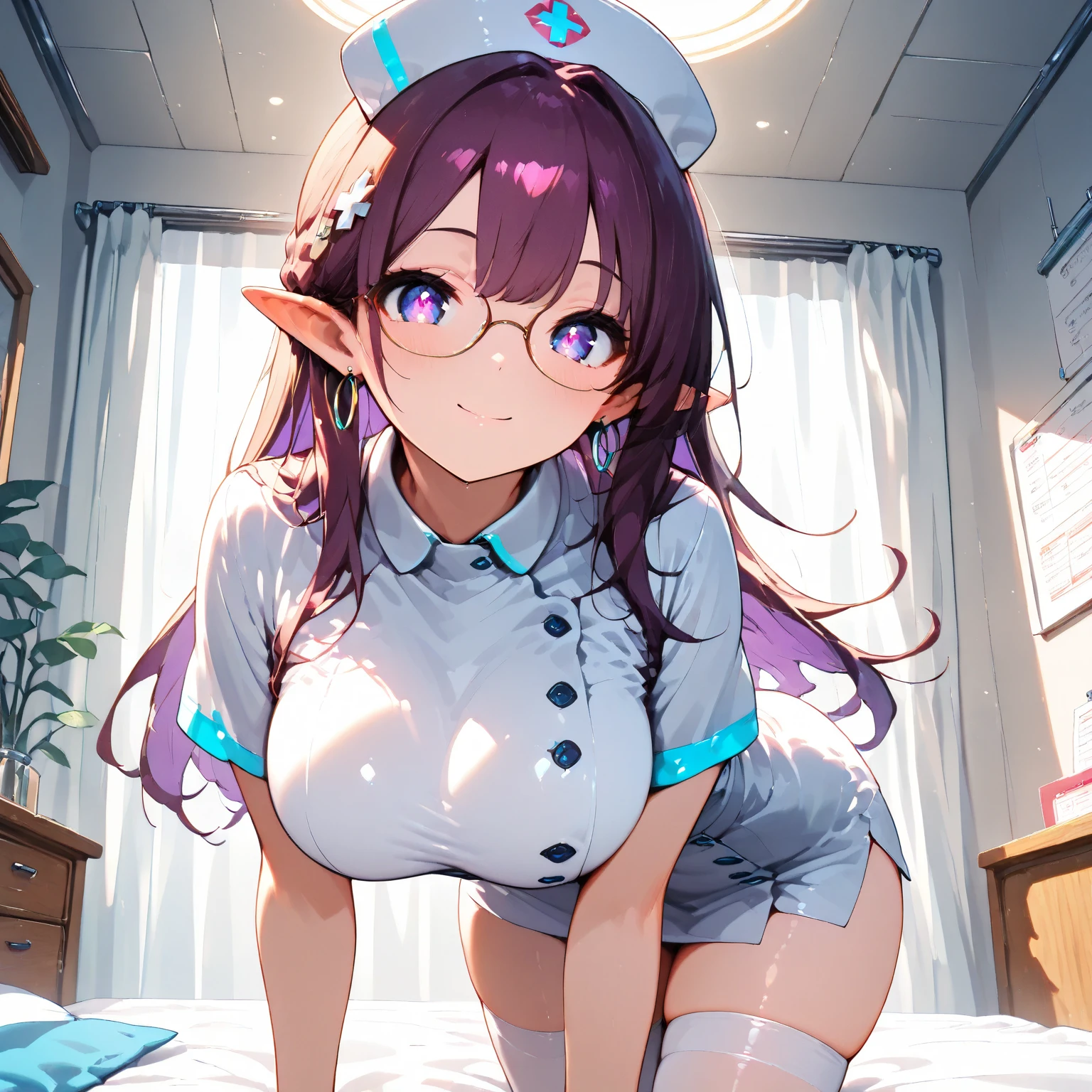 (((Black skin、skin tanned、elvish、hair over eyes:2.0)))、petite girl in、blue eyess、very long bangs、straight haired、very long transverse hair、Open mouth、a blond、hospitals、Incredibly large breasts、cleavage of the breast、nurse's outfit、blush、closing eye、anime screen cap、(NSFW)、Futomo、Nurse Cap、Seductive smile、on the beds、opens legs、Clothes with slits