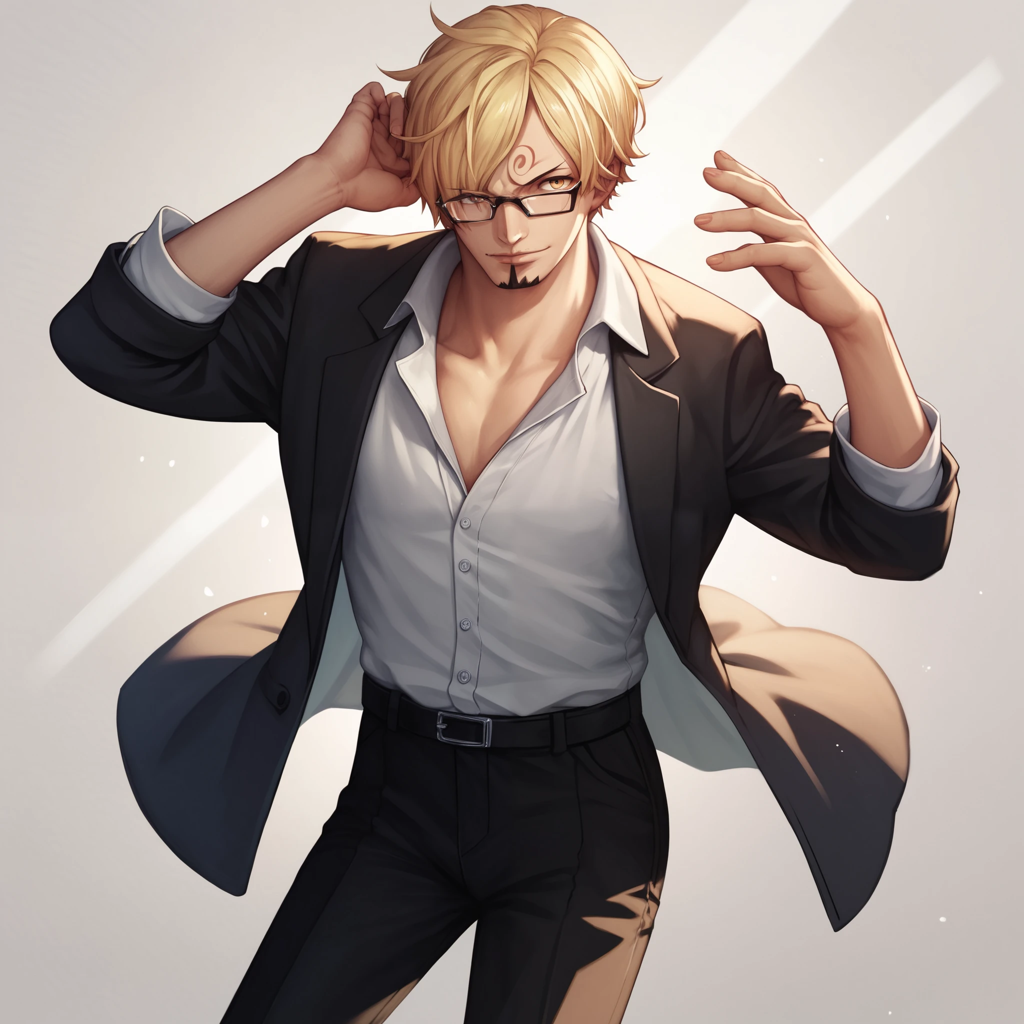 sanji, glasses, formal, black pants, looking at viewer, solo, dancing, perfect hands