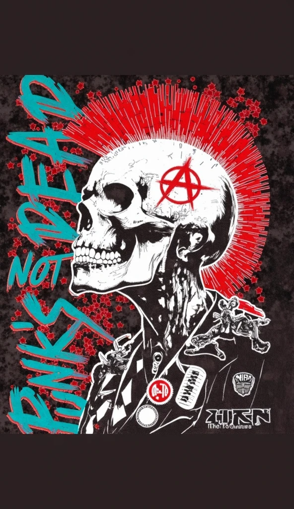 ("punks not dead" text logo:1.5), a male punk with Iroquois hair cut <lora:ral-embroideredpatch:0.8> ral-embroideredpatch <lora:Harrlogos_v1.1:0.7>, punky style