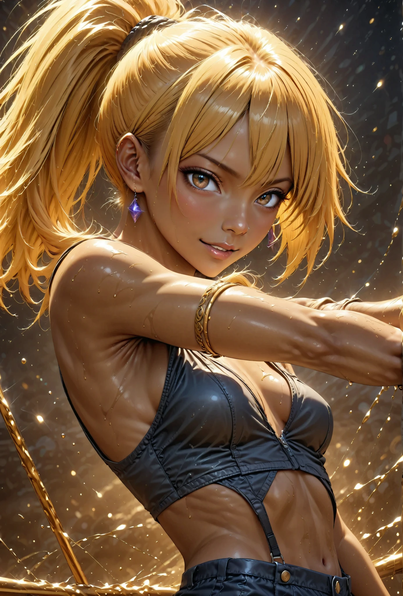 Naked Woman, artoria pendragon, Type-Moon, fate/ stay night,floating,comiccore,filigree quasar,super realistic,super detailed wallpaper,8K,Aho,Green eyes,Royal sister,Long blond hair,Delicate and small earrings,Exposing belly,Long legs,On the Street,Dynamic Angle,Dynamic poses,Best picture quality,Original,high quality, --ar 9:16 --q 5 --niji 5