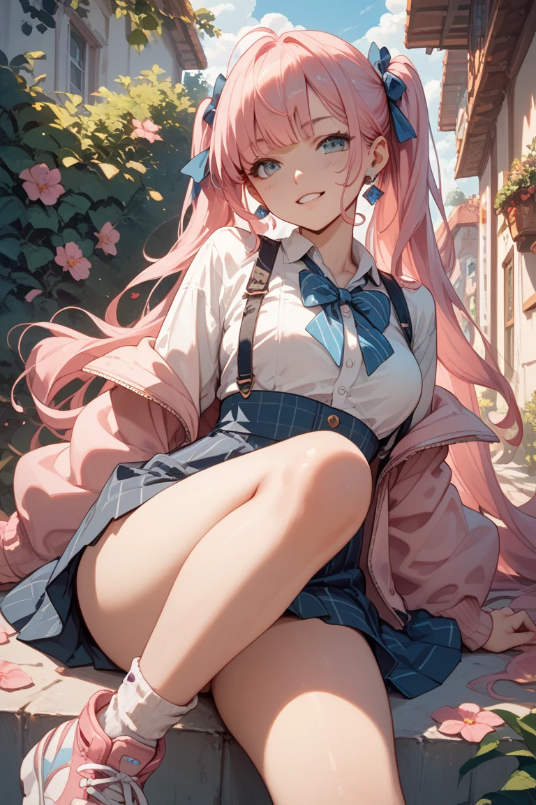 ( 4 diferent girls having sex),4 Girls with pink hair, long twintail hairstyle, ((small bushy eyebrows)), wearing gothic lolita clothing, lolicon , walking to school, flirty smile,, walking to school, bored look, bored face,, (sitting with legs open lifting her skirt to show her vagina wet with semen),1 boy having sex with the girls, scaried young boy, in middle of a street
