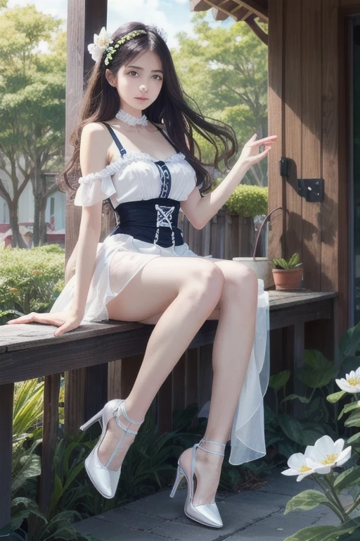 (masterpiece),(Very difficult:1.3),whole body,medieval europe,(metal breastplate),thin,woman,2 people,,witch,No sleeve,cosplay,realistic, whitened skin, in the forest,black shoes,look forward to,girl,(stockingless leg),Lower body white swimsuit,blue eyes,lively eyes,lie down