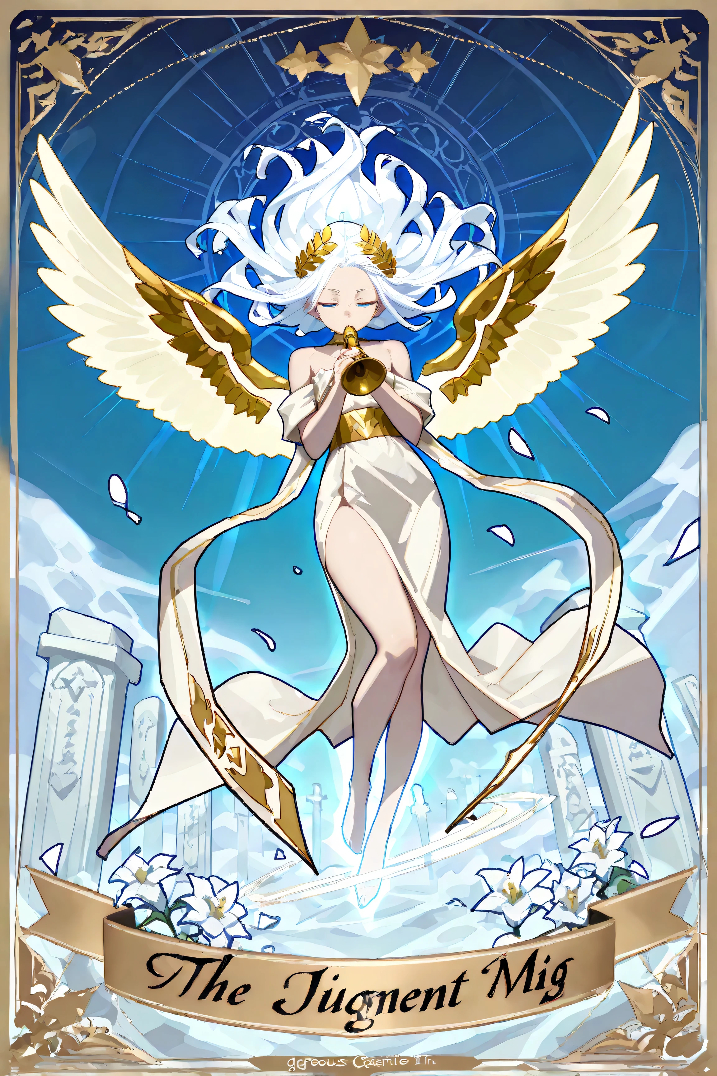 (Tarot theme, Title: The Judgment), (Exquisite lines), soft shading, anime-style eyes, full body, dynamic angle, floating, serene expression, closed mouth, closed eyes,
1girl, wind-blown hair, long white hair, blue eyes, delicate eyebrows, forehead visible, radiant aura,
wearing a flowing white toga, sleeveless, cinched at the waist with a golden belt, golden laurel crown on head,
holding a golden trumpet or blowing it, large and elegant white angel wings, glowing divine presence,
detailed background, vast blue sky with soft clouds, sacred cemetery with ancient tombstones, ethereal light shining from above,
white lilies blooming around, gentle floating petals, mystical atmosphere, luxurious, gorgeous, divine magic, heavenly radiance.
