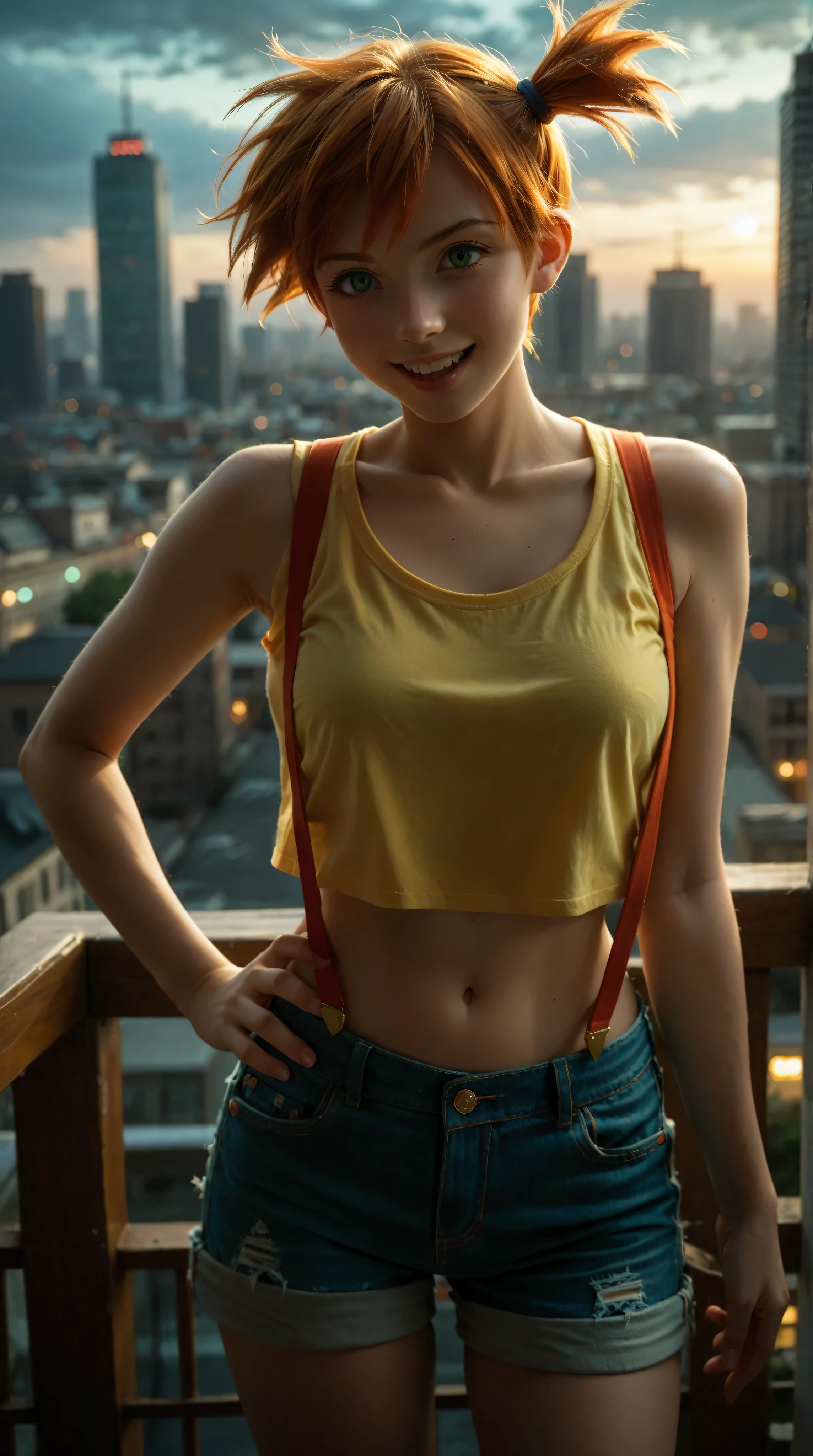 score_9, score_8_up,score_7_up, source_anime, 1girl, solo, EPpkMisty, orange hair, short hair, side ponytail, green eyes, bare arms, suspenders, navel, midriff, yellow shirt, collarbone, crop top, sleeveless shirt, denim shorts, breasts, hand on hip, looking at viewer, smile, upper teeth only, city , open sky ,stars , night