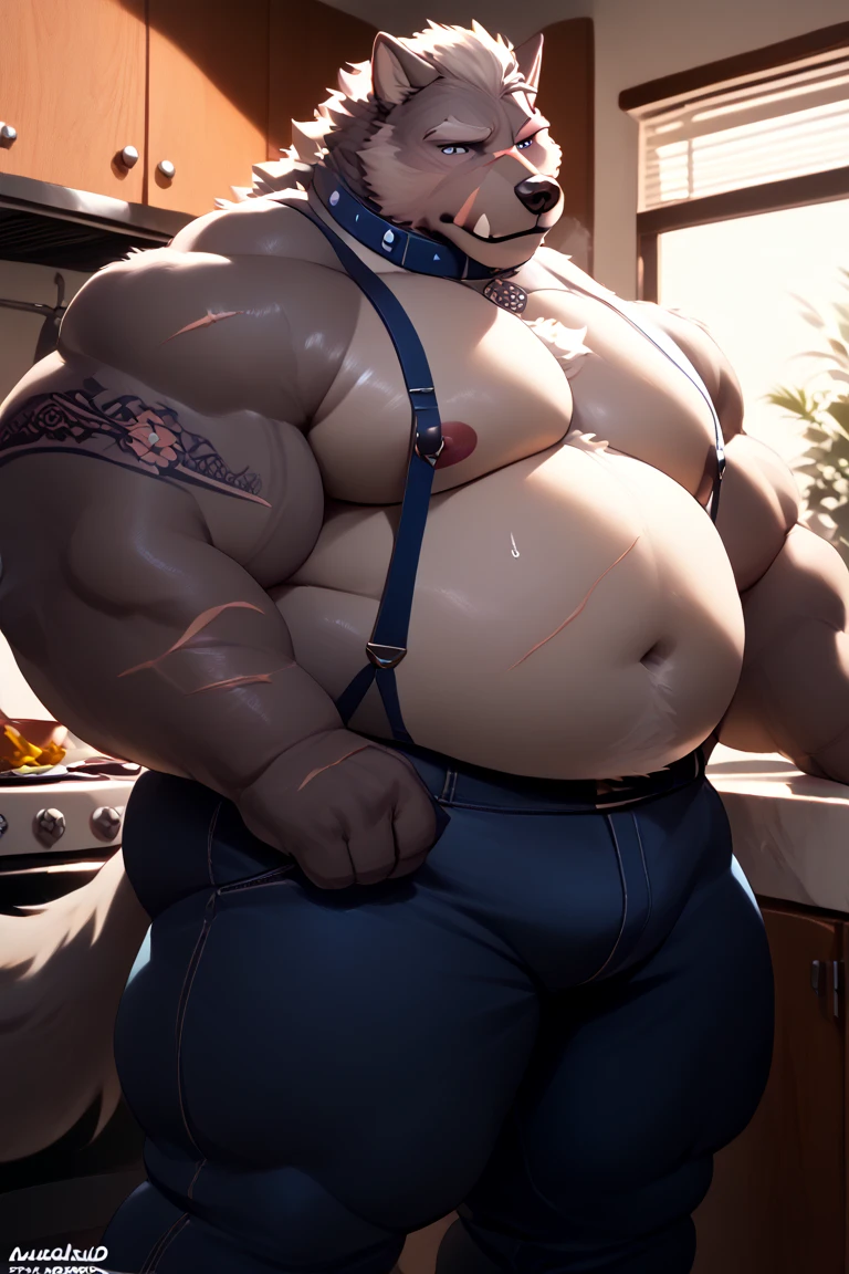 white anthro giant tyrannosaurus with chubby build, hyper muscles, super broad shoulders, giant lats, huge round heavy pecs, massive arms, thick thighs, big thick tail, giant bulge in boxers,, with collar, lying on sofa too small for him, dynamic pose