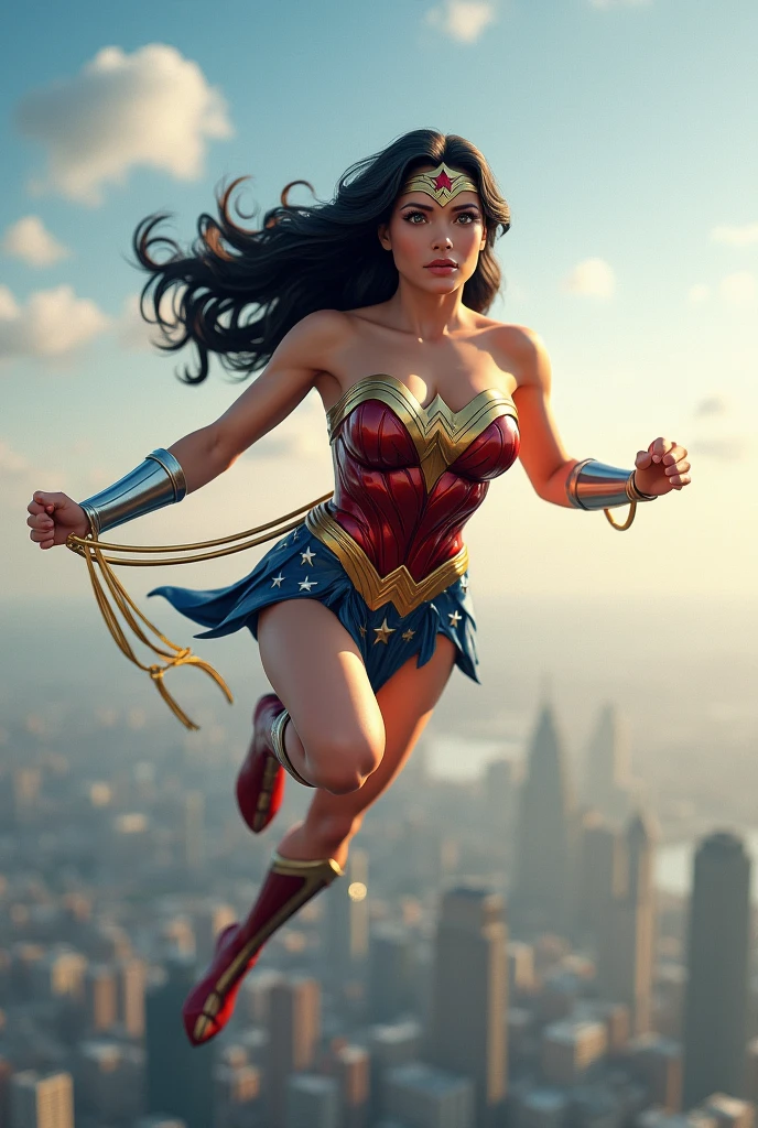 A very realistic image of a beautiful 5 year old girl wearing the Wonder Woman costume, she is flying over a city at sunset