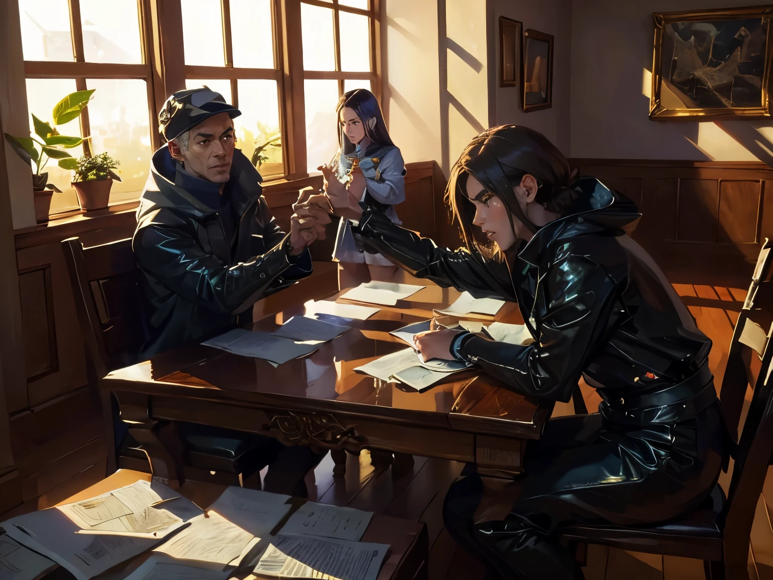 "An image of an attractive player throwing RPG dice on a table. Natural light enters through the window,  illuminating the environment . The scene focuses on your hand (with a maximum of 5 fingers) holding or releasing the dice, which must be exclusively D20 and D12, all the same size (approximately 2 cm each). The colors of the dice are varied, and the numbers must be clearly visible, without extra symbols. The D20 displays numbers from 1 to 20 and the D12 from 1 to 12, No exceptions. on the table, there are papers , a map with a "X" red and elements that indicate an RPG session. Two other people are present in the scene, but only partially visible, contributing to the atmosphere without stealing the focus." Texto de fundo escrito "como jogar?"