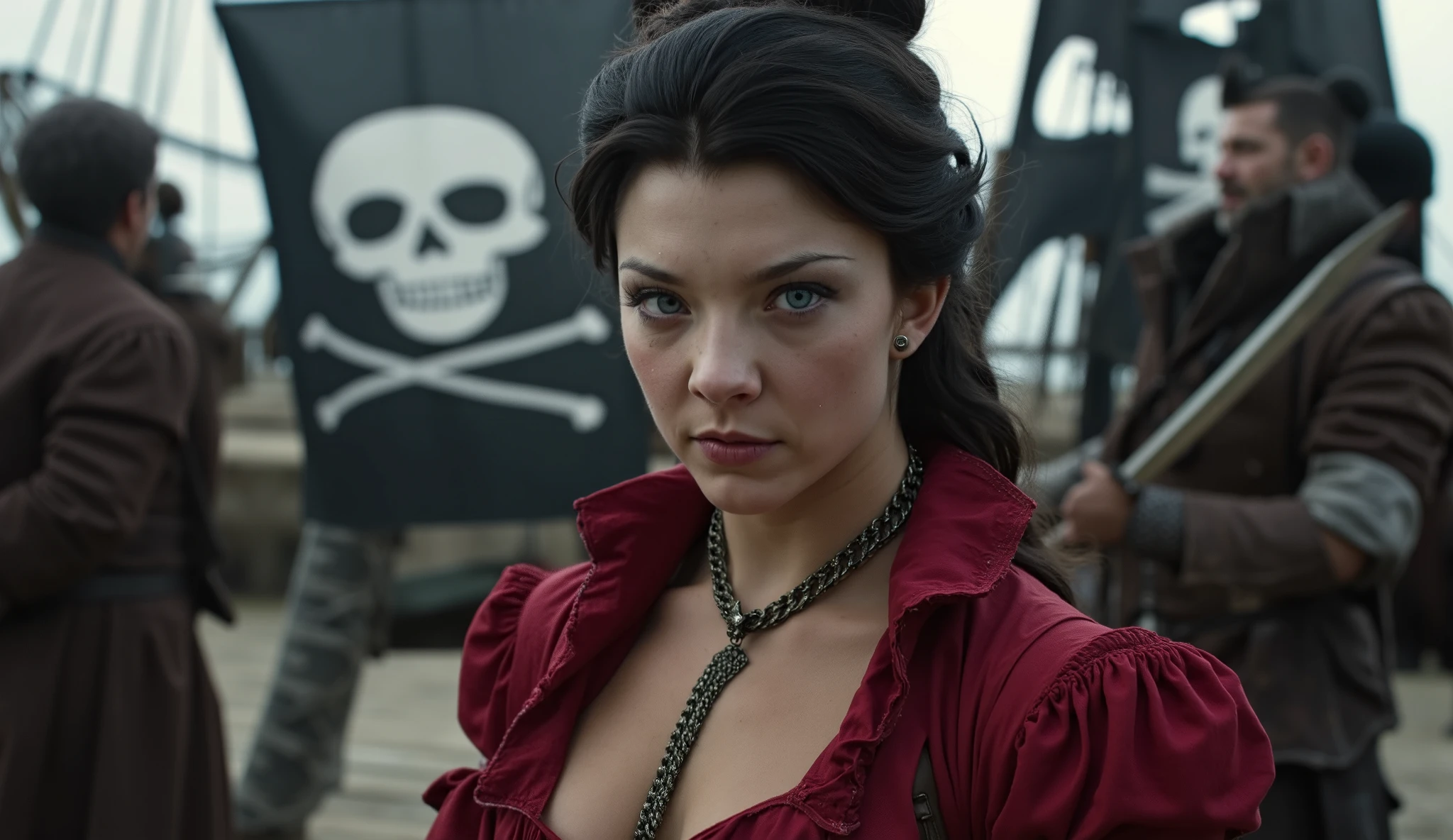 A large black pirate flag with a giant skull. Pirate swordfight against a stunning young pirate in the foreground, oozing confidence and charm. She wears a sturdy yet revealing pirate outfit with an exaggeratedly deep neckline that highlights her ample, voluptuous chest. Her youthful face has a bold and defiant expression, with fair skin and long, windswept black hair adding to her charm. The intricate details of her red outfit, including distressed fabrics and pirate accessories, reflect her adventurous life at sea. She fights with a sword against the porates. The slightly blurred and grainy background of a pirate ship's deck keeps the focus on her striking and vibrant silhouette—a bold rebel.