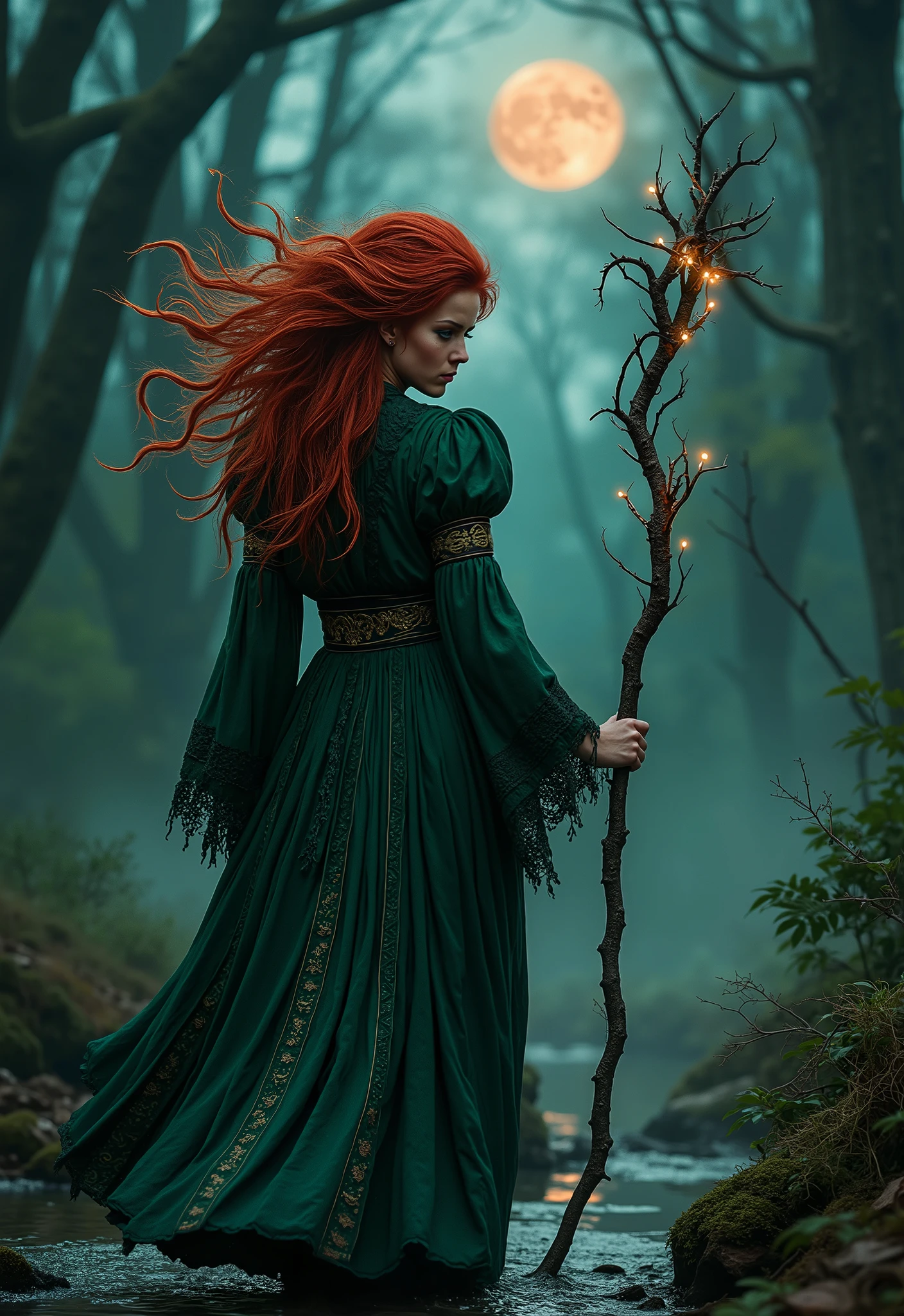 A high-quality, full-body, highly detailed, photorealistic, 8k resolution, ultra quality image depicting horror and terror. A striking young woman with fiery red hair forming chaotic, tendril-like shapes. Her emerald-green ornate robe is interwoven with glowing, thorny vines. She clutches a magical gnarled black oak staff with growing bioluminescent sharp, thorn-like vines that crawl and twist across it. She walks along a stream, fog forming on the ground of a dense, overgrown forest at twilight. Blurry and horrifying shapes hint at a twisted, skeletal, bulky, shapeless silhouette with glowing pinpricks for eyes. The shadow appeared to be closing the distance, its form growing subtly larger. In the background, a full blood moon illuminates the dark clouded sky. Her piercing gaze is filled with primal fear, reflecting the unseen horrors of the woods. Cinematic lighting, sharp focus. [Negative prompts: poor quality, low quality, bad quality, deformed, ugly, mutation, blurry, grainy, noisy, pixelated, watermark, signature, text, logo, deformed hands, bad hands, extra fingers, missing fingers, fused fingers, misshapen eyes, bad eyes, disfigured, malformed, poorly drawn face, bad anatomy, incorrect anatomy, cartoonish, anime, manga, sketch, drawing, 3d render, cgi, illustration, lowres]