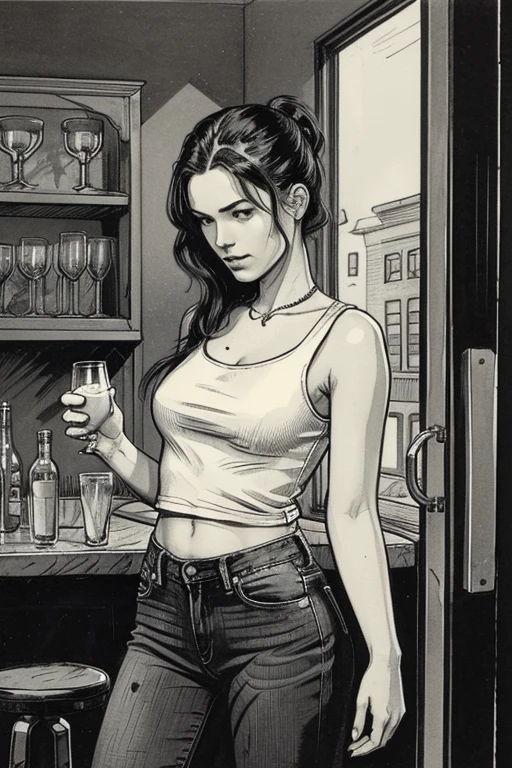 In a dimly lit club, pulsating with neon lights and the rhythmic thump of music, a woman stands out from the crowd. She wears a modest blue shirt paired with jeans, its color catching the light in a way that contrasts with the dark surroundings. Her black hair, styled with blunt bangs that fall perfectly on her forehead, frames her face, giving her an air of mystery. She wears glasses that reflect the ambient lights, adding to her enigmatic and obsessive look.Her full body is visible, standing confidently amidst the shadowy figures and haze of smoke in the background. The setting evokes a sense of timelessness and intrigue, reminiscent of a renaissance painting by Bernardino Mei, yet with a modern twist. The scene is captured in a style similar to a photograph by AP, blending the classic and contemporary. The background details include the bar counter, tables with patrons, and dimly lit corners, creating a rich, immersive environment.
