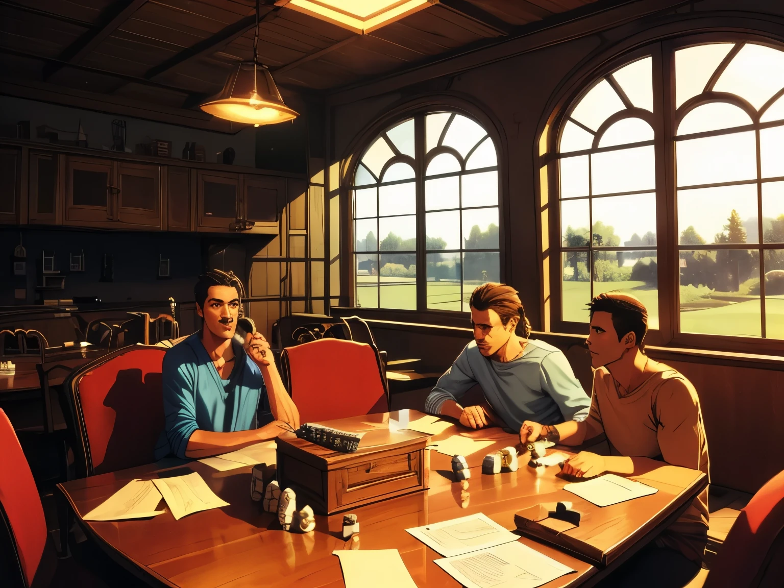 "An image of an attractive player throwing RPG dice on a table. Natural light enters through the window, illuminating the environment . The scene focuses on your hand (with a maximum of 5 fingers) holding or releasing the dice, which must be exclusively D20 and D12, all the same size (approximately 2 cm each). The colors of the dice are varied, and the numbers must be clearly visible, without extra symbols. The D20 displays numbers from 1 to 20 and the D12 from 1 to 12, No exceptions. on the table, there are papers , a map with a "X" red and elements that indicate an RPG session. Two other people are present in the scene, but only partially visible, contributing to the atmosphere without stealing the focus." Texto de fundo escrito "como jogar?"