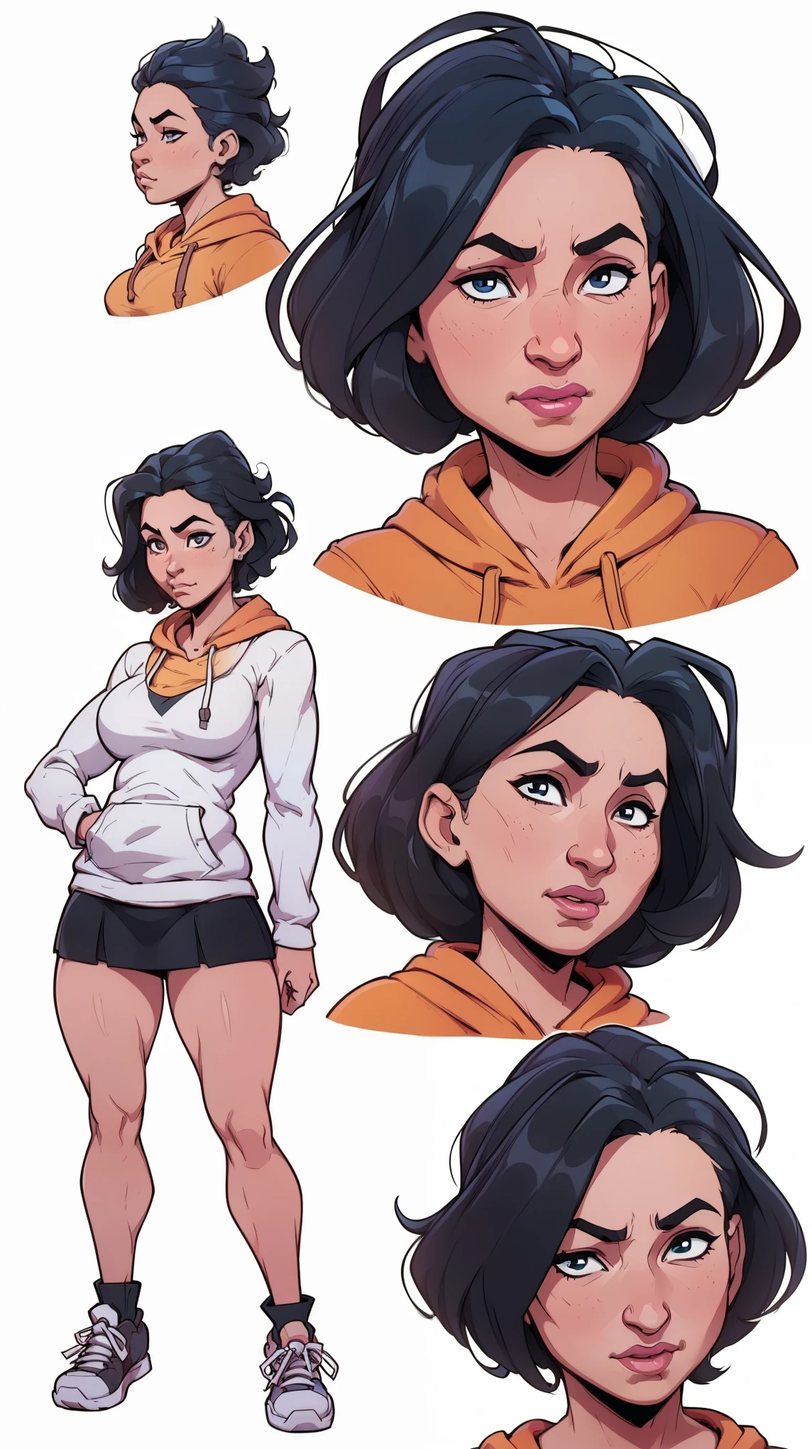 mari, wide hips, black hair, 1girl, cms, (longer wavy haircut, curly hair), k4r3nh41r, exaggerated inflated legs, 4k, highly details, (((tiny breasts))), ((wearing a casual loose hoodie and short skirt)), sensual, 4k, highly detailed face, perfect skin, detailed face, focus on eyes, anatomically correct, ((((reference sheet, simple white background, (multiple views), (full body), dynamic pose,,))))