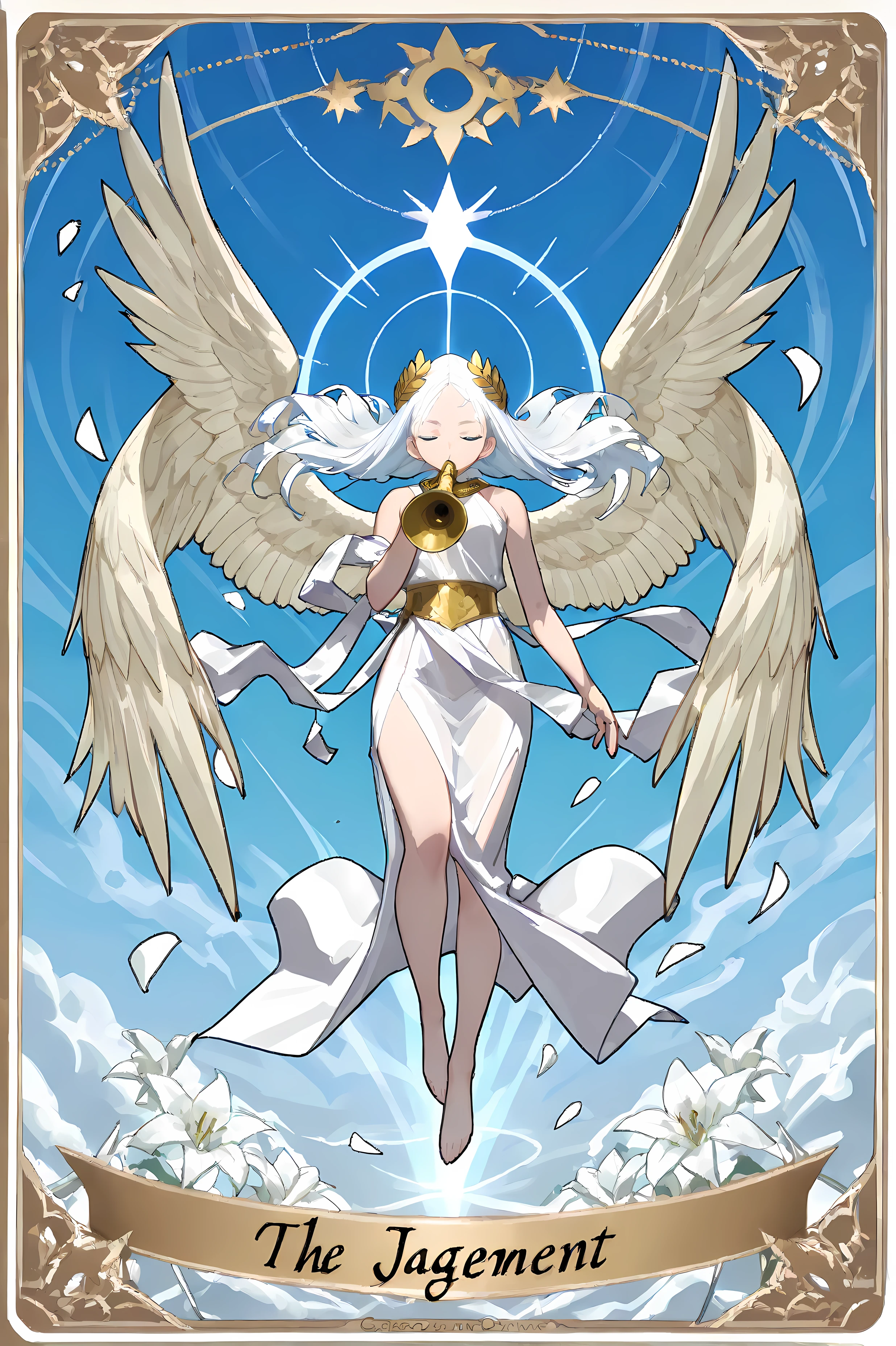 (Tarot theme, Title: The Judgment), soft shading, anime-style eyes, full body, dynamic angle, floating, serene expression, closed mouth, closed eyes,
1girl, wind-blown hair, long white hair, blue eyes, delicate eyebrows, forehead visible, radiant aura,
wearing a flowing white toga, sleeveless, cinched at the waist with a golden belt, golden laurel crown on head,
holding a golden trumpet or blowing it, large and elegant white angel wings, glowing divine presence,
detailed background, vast blue sky with soft clouds, sacred cemetery with ancient tombstones, ethereal light shining from above,
white lilies blooming around, gentle floating petals, mystical atmosphere, luxurious, gorgeous, divine magic, heavenly radiance.