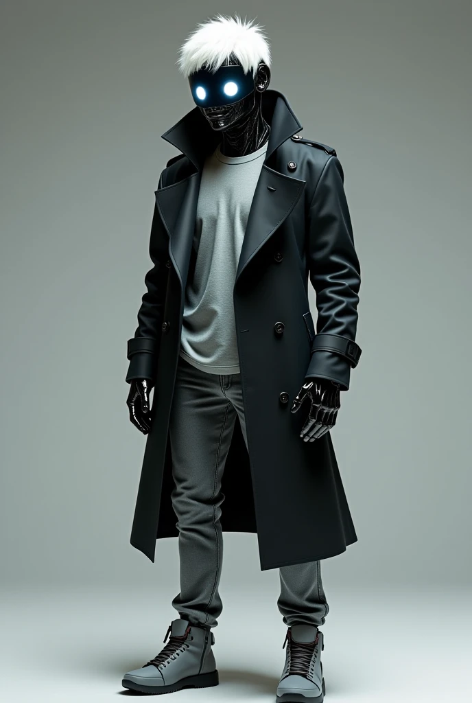 Murder Drone men's with neon white eyes and short white hair, He has four-fingered hands. He has a visor with a screen in the upper half of his face, there appear 2 oval shapes that are basically his eyes. His visor is part of his body. He wears a gray t-shirt with black trench coat and gray pants with gray shoes