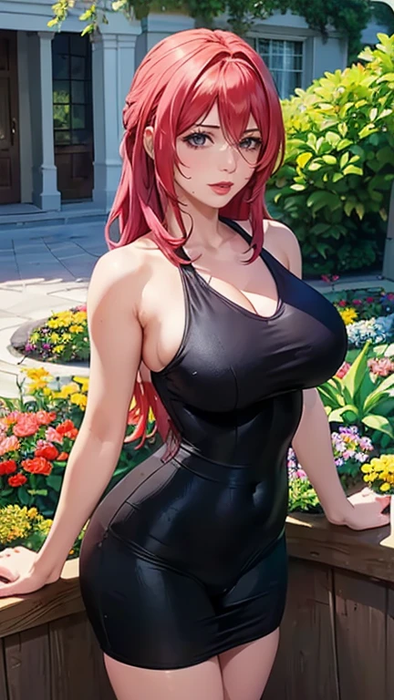 masterpiece, best quality, high detail, beautiful woman, wavy hair, pink hair, large bust, purple t-shirt, loose t-shirt, white pencil skirt, sneakers, looking at viewer, smile, wide eyed, garden, grass, park, tree, view from above,