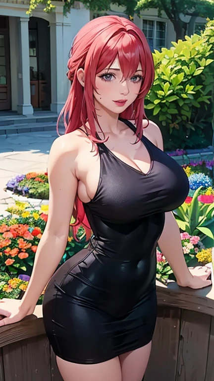 masterpiece, best quality, 1girl, beautiful business woman with wavy hair, pink hair, hairpin, large bust, wearing bra and blue midi pencil skirt, heels, necklace, bracelet, midriff, belly button, summer, garden in the city, looking at viewer, light smile, full body, view from above,