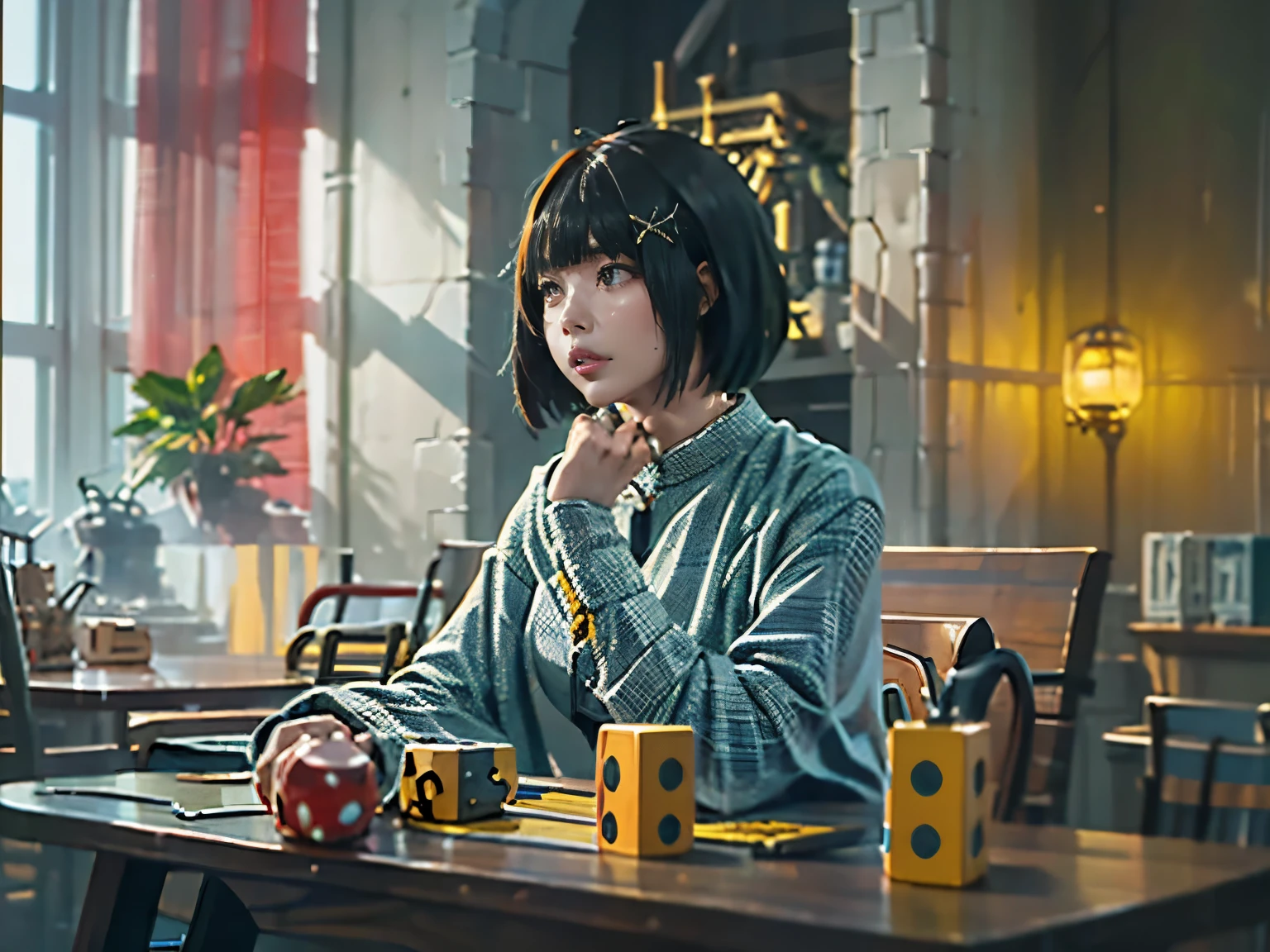 "An image of an attractive, sexy, girl player throwing RPG dice on a table. Natural light enters through the window, illuminating the environment . The scene focuses on your hand (with a maximum of 5 fingers) holding or releasing the dice, which must be exclusively D20 and D12, all the same size (approximately 2 cm each). The colors of the dice are varied, and the numbers must be clearly visible, without extra symbols. The D20 displays numbers from 1 to 20 and the D12 from 1 to 12, No exceptions. on the table, there are papers , a map with a "X" red and elements that indicate an RPG session. Two other people are present in the scene, but only partially visible, contributing to the atmosphere without stealing the focus." Texto de fundo escrito "como jogar?"