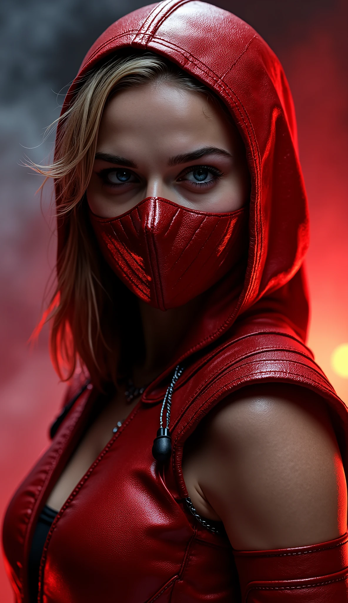 Here's a detailed prompt to generate a super realistic image of Scarlett Johansson as Scarlet, with her shiny red and metallic uniform, plus a shiny red and metallic mask: "Hyper-realistic Close-up of Scarlett Johansson as Scarlet, the enigmatic warrior of * mortal kombat*. She is in an intense and mysterious pose, with a confident and calculating expression. Scarlet wears her iconic bright red and metallic uniform, with super realistic details that reflect light in an impressive way. Her metallic red mask, that covers part of the face , is highly detailed , with brilliant reflections and intricate patterns that match her costume. The focus is on the face and upper body, highlighting the skin texture , the metallic reflections of the clothing and mask, and the intensity of her eyes. The lighting is dramatic , with red tones and strong contrasts between light and shadow, creating a cinematic effect. The background is a realistic and dark setting, with red lights , dense smoke and elements of a gothic and mysterious environment, adding an intense and immersive atmosphere." This prompt should guarantee an incredibly realistic and detailed image, on Scarlett Johansson's upper body as Scarlet, with her shiny red and metallic uniform, plus a shiny red and metallic mask, against an impressive background! RED HAIR
