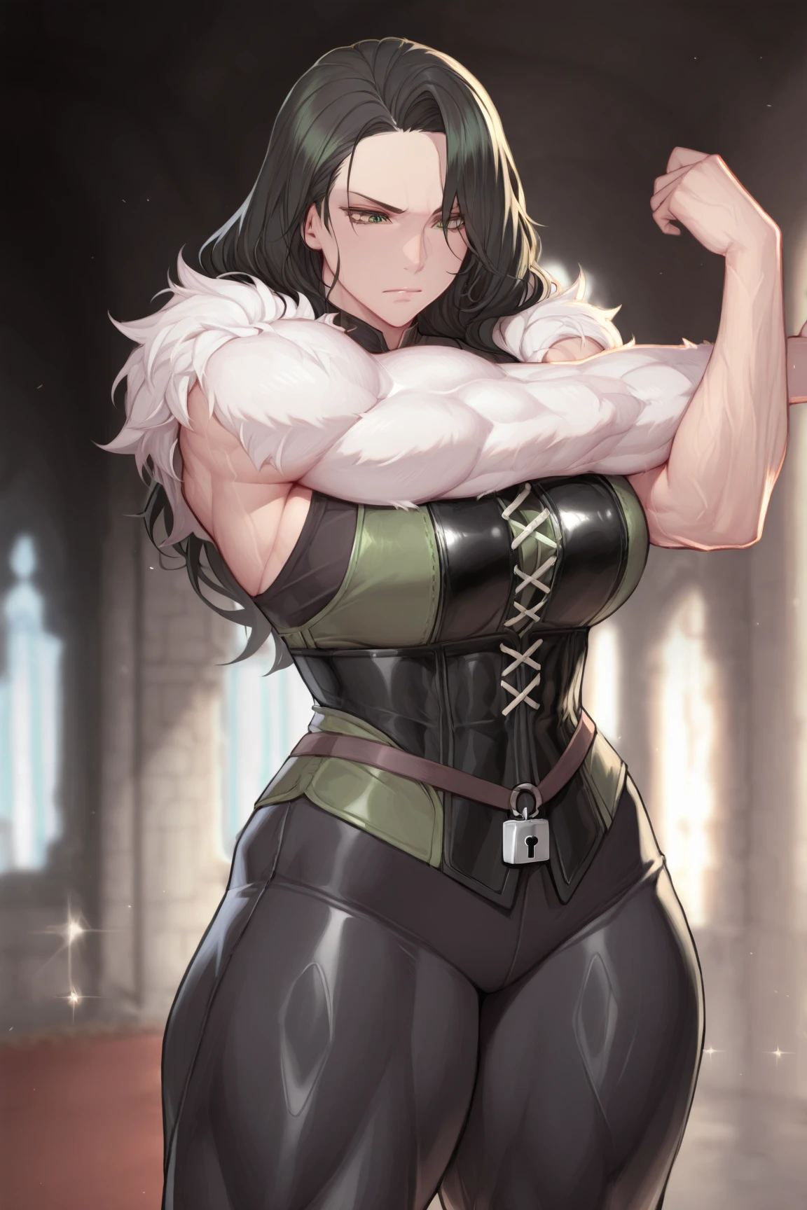 Solo, standing, female, alligator, (((By bebebebebe))), by buta99, by chunie, by sonsasu, by danza, grey skin, orange eyes, giant, gigantic, enormous, massive, huge, strong, powerful, muscular, buff, hulking, thick, big breasts, ((underbite, sharp white teeth)), smirking, chestpiece,full body, tunic