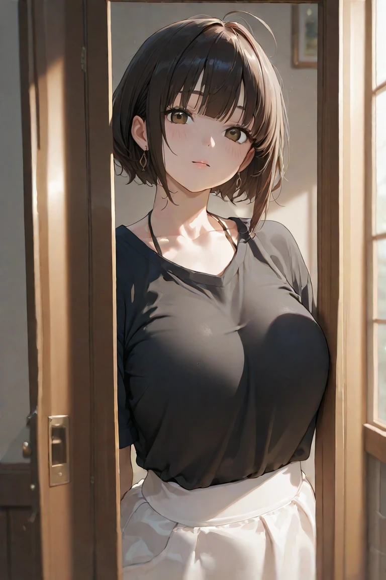 Low angle long shot、(((White short sleeve elegant blouse、Red long skirt))),(((Outside the apartment、Looking up at the apartment building、Anxious expression:1.3)))Mid-length bob cut hair:1.9. Very large breasts:1.6. Being toyed with:1.9 (((Night 3.6、Apartment room:1.3)))、(((1 Female:1.3))), (((Brown Hair:1.3. Wavy Hair:1.3. Bob Cut Hair:1.9 Round Eyes Beauty:1.3. Shapely breasts, brown eyes, side-swept bangs, red cheeks:1.3 Sweat:1.3)))、(((Top quality masterpiece high resolution perfect human body:1.3))),(((Sweat:1.3,cute:1.3)))
