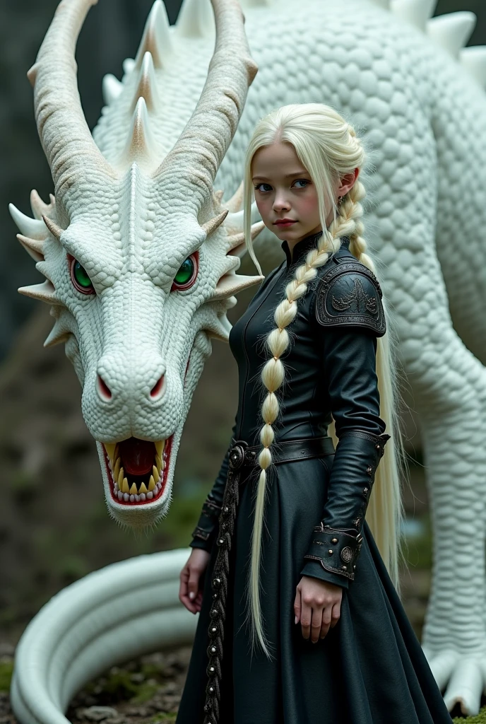 Fantasy, artistic photo of a young girl with silver hair and a headpiece, standing close to a dragon-like creature with detailed, textured scales, close-up portrait focusing on the faces of both the girl and the dragon, background is blurred to emphasize the subjects, taken under soft, natural lighting that enhances the skin texture and the dragon's scales, shot at eye-level with a high-quality digital camera, possibly a Canon EOS 5D Mark IV with a 50mm f/1.2 lens, in the style of Benjamin Von Wong