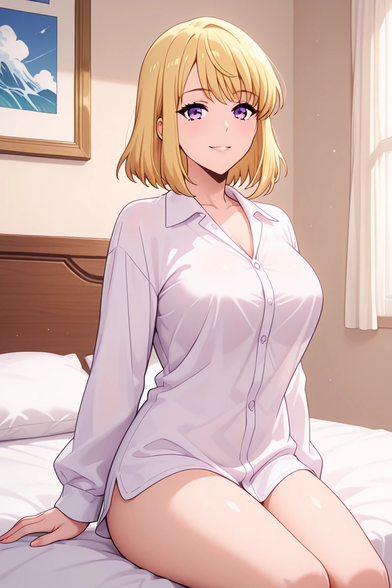 ((Best quality, high resolution)), (delicate illustration), ((beauty: 1.3)), (bright colors), (shy), (embarrassed), (underwear), ((mature woman)), ((open front shirts in various colors)), 4k, cute, pixie cut, blonde, (cowboy shot), (lens flare light diffusion effect), ((on a hotel bed))