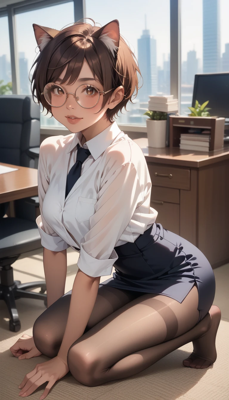 NSFW, (Official art、best quality、Unity 8k Wallpapers、32K、masterpiece、ultra-detailliert、超A high resolution、realisitic、Photorealsitic:1.2)、(natural soft light:1.2)、Fireglow effect、The grainiest shadow of the film、side lights、sideshot、(ultra-detailliertで複雑な3Dレンダリング)、Detailed beautiful face and eyes、sharp pupils、Realistic pupils、middlebreasts、shy smile、high-heels、Woman in skirt and shirt sitting on desk, Office Clothes, on desk, on deskに座る, on deskに座っている,bent at the knees、Opening legs、open your legs、pantie shot、 wearing business casual dress, A sexy、business clothes, In the office, wearing a suit and glasses, Fully dressed, business outfit, embarrassed from, A slight smil、Business attire、cleavage of the breast、A sexy、