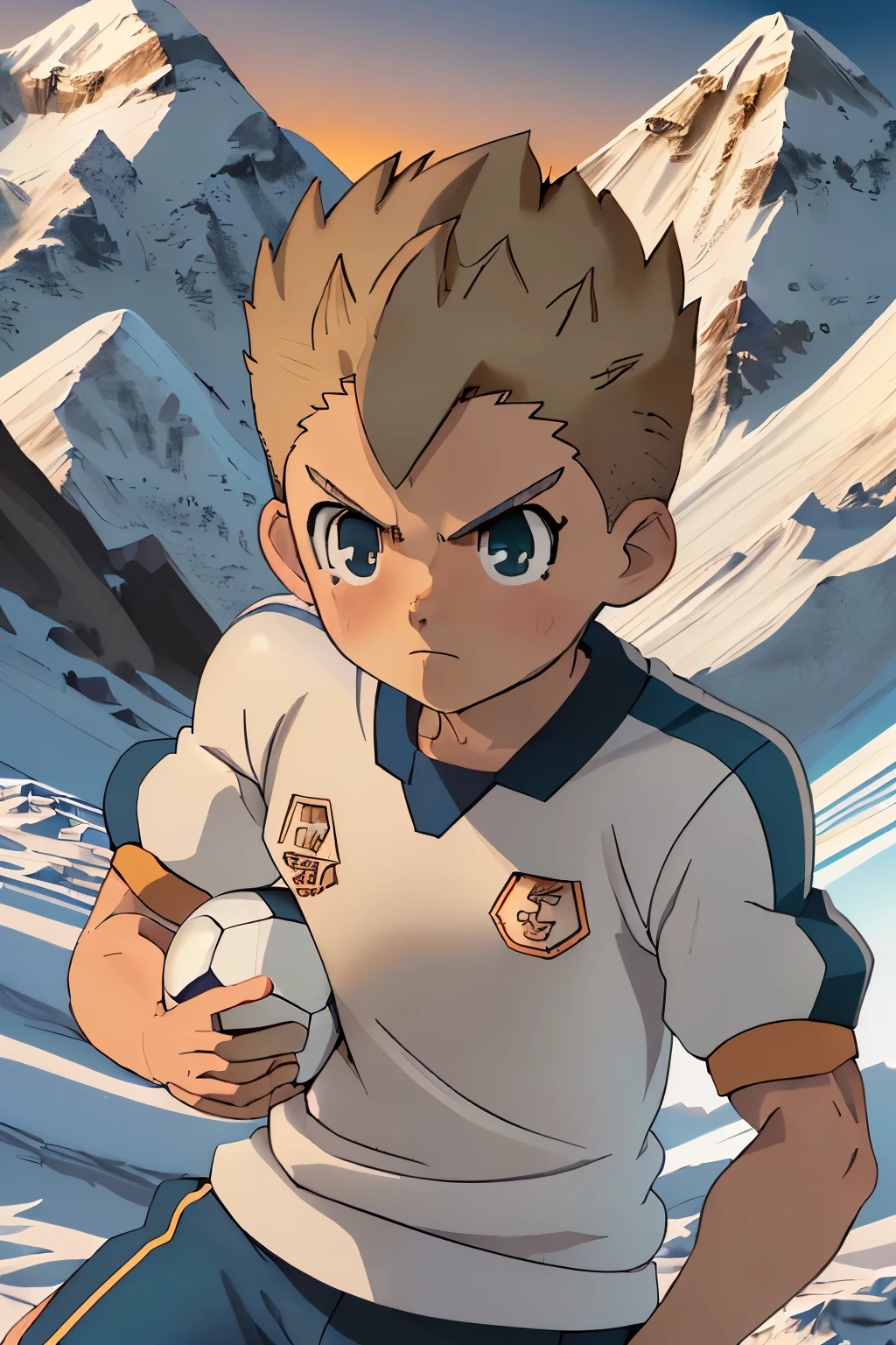 cute boy, , blond short hair, blue eyes, inazuma eleven manga style, young soccer player, on top of mount everest, detailed portrait, realistic, incredibly detailed, high quality, 8k, detailed facial features, focused expression, dynamic action pose, muscular body, athletic physique, sports uniform, soccer ball, mountain landscape, snowy peaks, dramatic lighting, golden hour, cinematic, anime style, digital art, photorealistic