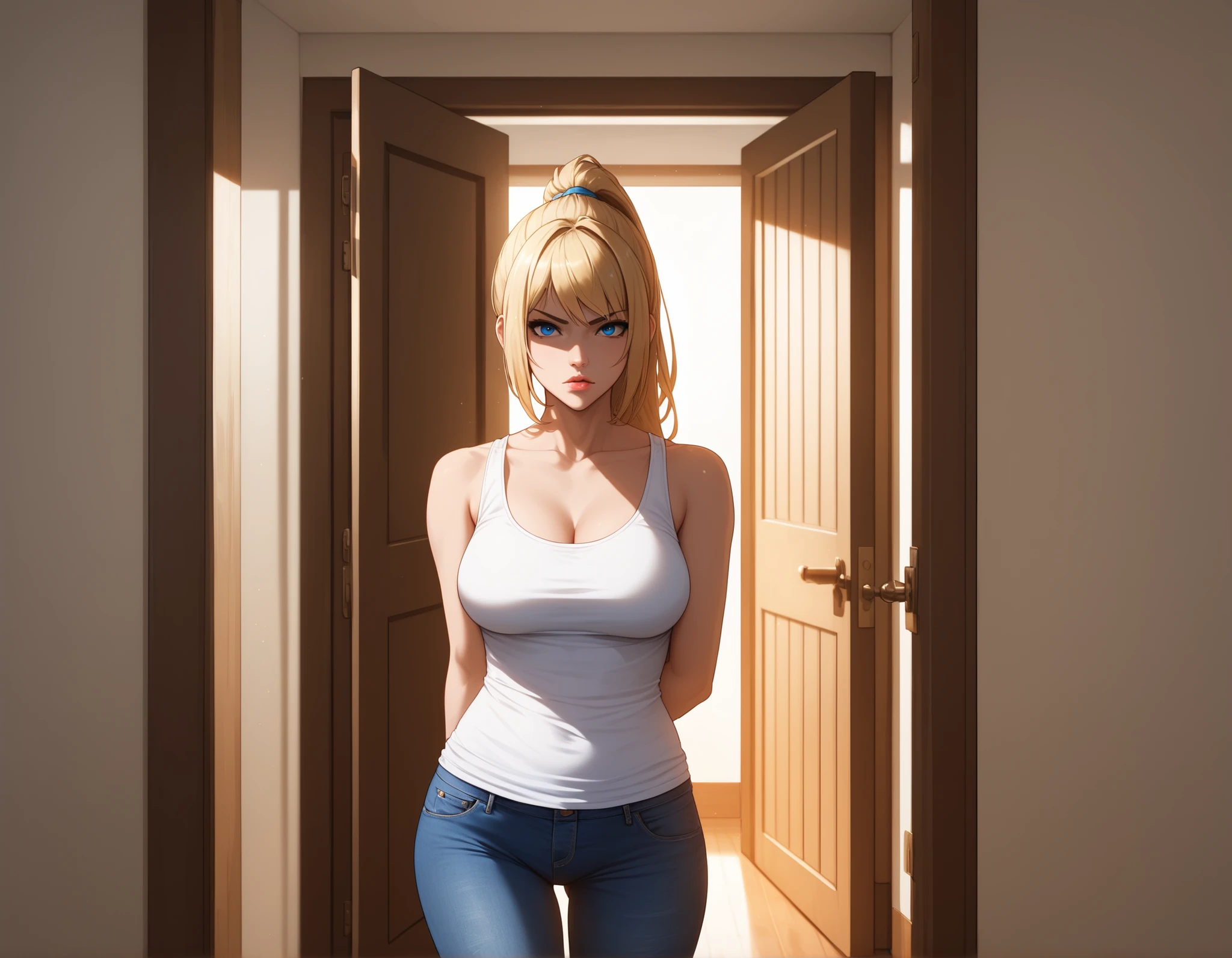 high quality 4k, maximum image sharpness. name zoe. 20 year old teenager, beautiful angelic face. Red eyes. White skin color. height 1,70, retail physicist, large and firm breasts, Short blonde hair. Clothes, T-shirt at the height of the abdomen. tight red pants. body detail, straight and firm posture looking towards the camera 