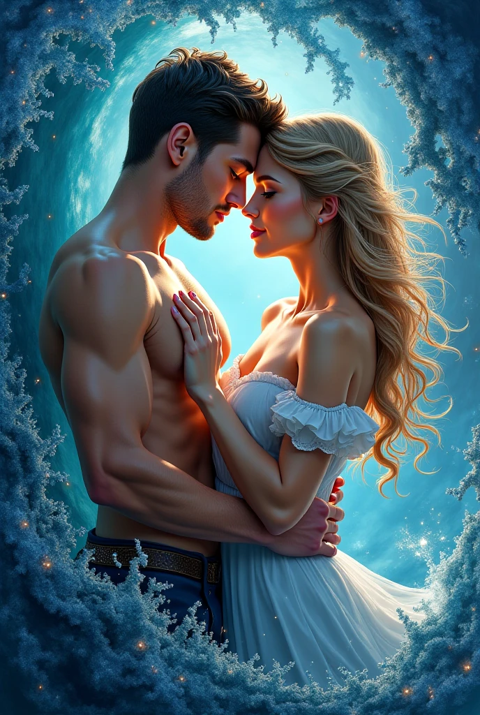 Beautiful  Man and Woman in bathing suits bikinis, a swirling stormy sea, with a literal whirlpool of clear blue water, and boiling bioluminescent light, bar lighting, drawn up in a tornado of wind and water, hyperdetailed 24k photorealistic the whole scene swirling