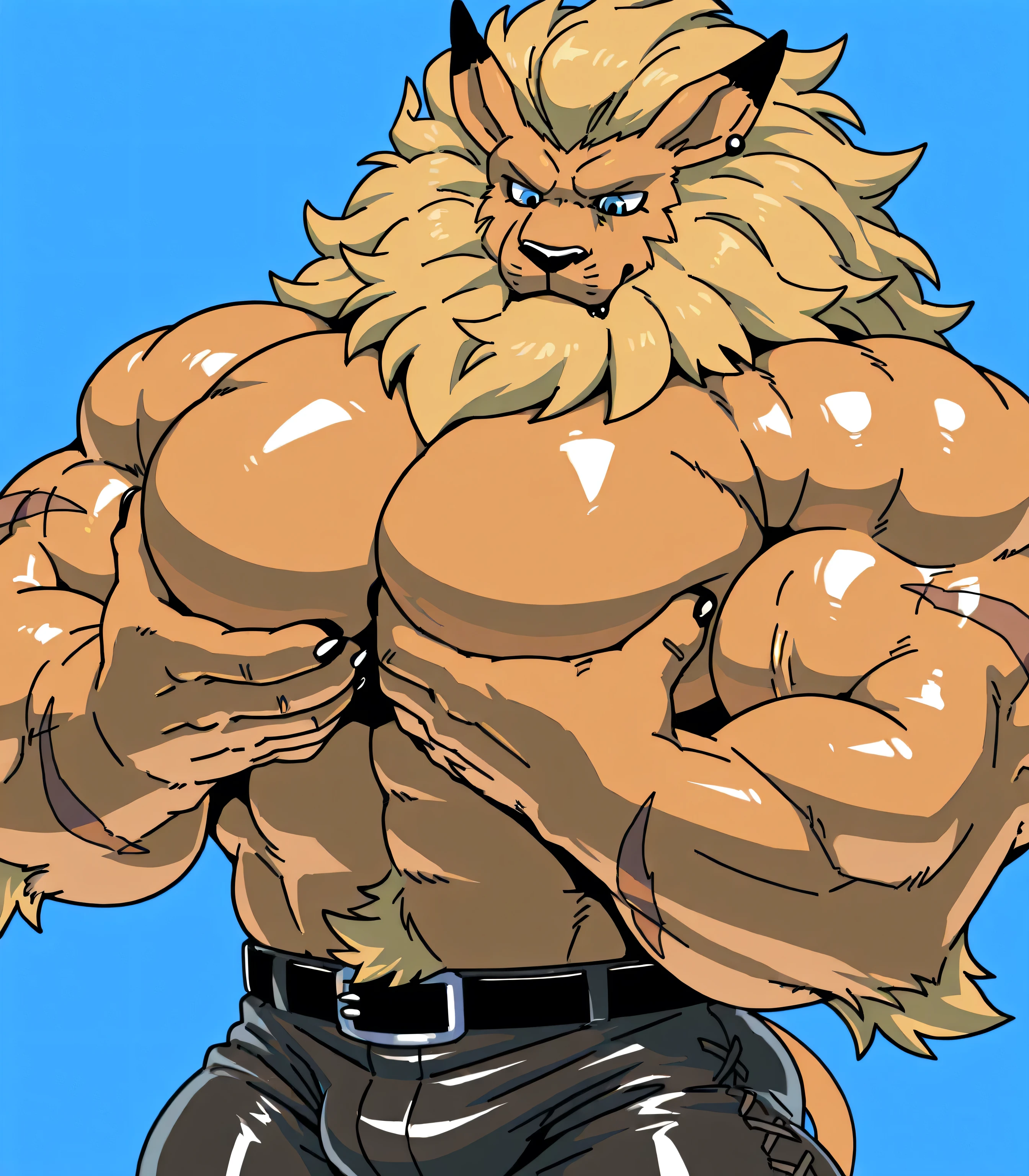 Leomon at the bodybuilding competition, on stage with other bodybuilders at his side. PRO competitive bodybuilder, nj5furry, (Leomon,16 years old, massive, huge, muscular, Gigachad), (((((WHITE THONG))))) Leomon, YOUNG FACE, TEEN, ((extremely realistic shadows, masterpiece, extremely detailed, photorealistic)), kemono, looking at the viewer, ((FRONT)),  smile, mischievous expression, white teeth, mouth slightly open, red tongue, Leomon, ((detailed face)) nose, red eyes, ((detailed eyes)),  dark brown skin, dark brown fur,  brown hair, white mane, height 3 meters high, the optimal height, tight clothing, 200 kg, body full of huge muscles; muscle and bulge pecs, huge pecs, ((massive pectorals)) ((huge pectorals)) ripped abs, eight abs, V-shaped body, thick waist, long legs, strong arms manly, handsome face, attractive cool calm face type with a mischievous smile, topless, bulge in the crotch, wears a small white string thong that reveals huge, muscular thighs, (((she wears a very tight little white string thong))), bulging biceps. A muscular bodybuilder in the making. A potential PRO competitive bodybuilder and bulging neck. ((Almost naked)) ((BACK))  huge muscular thighs firm, round buttocks and round butt. (((BACK))) huge muscular thighs firm, round buttocks and round butt in with his back, long tail, huge ass ((huge buttocks))
