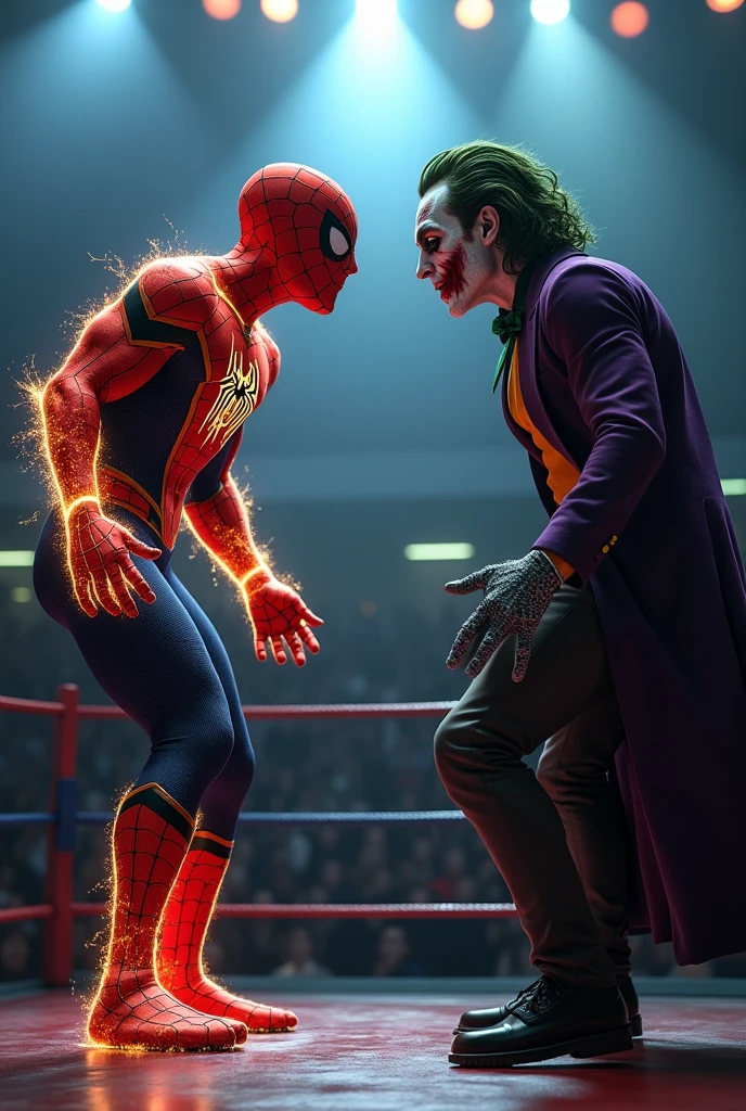 A spider man and a kid at boxing land with fans to fight joker